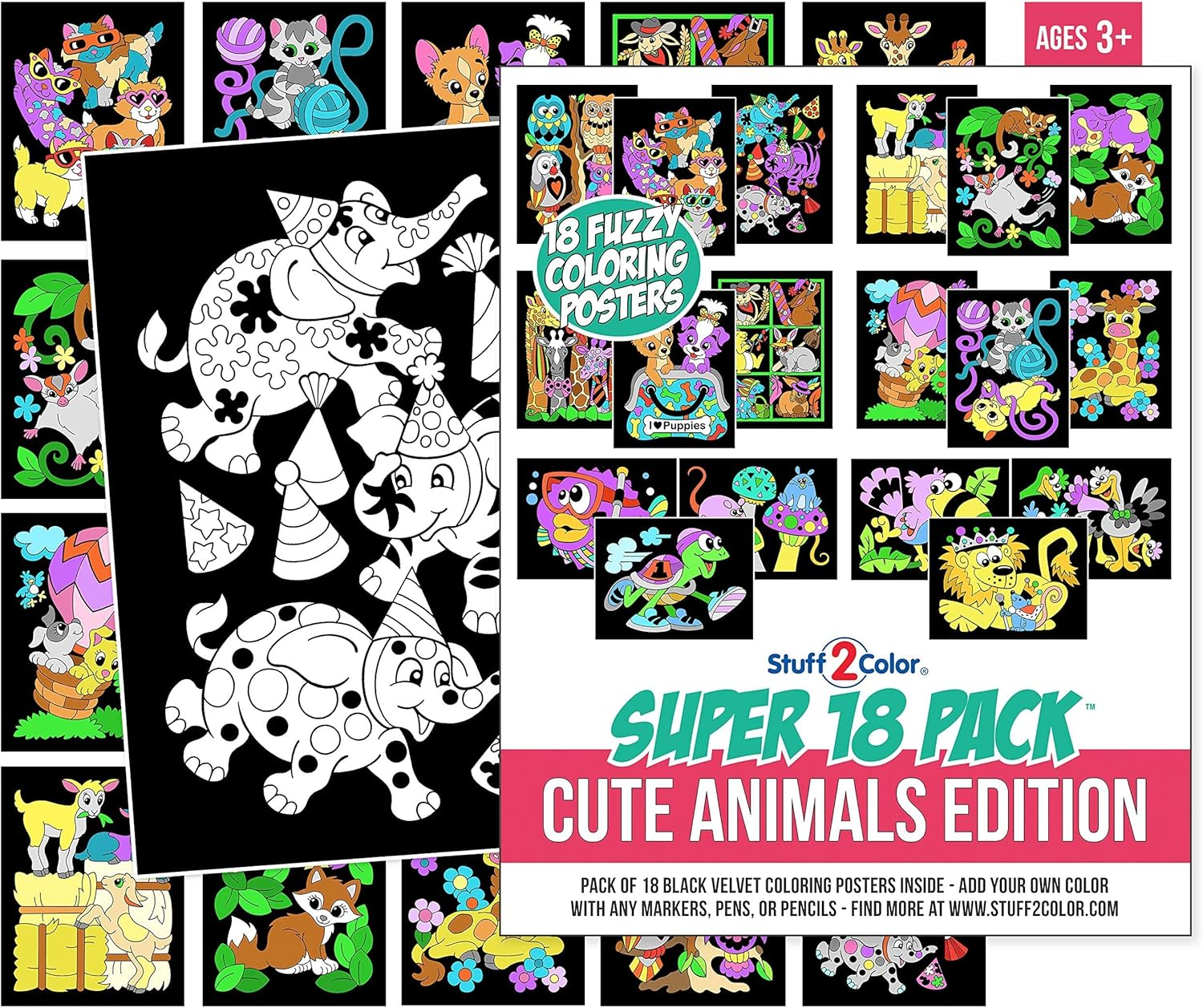 Stuff2Color Super Pack of 18 Fuzzy Coloring Posters (Cute Animals Edition) (1 Pack)