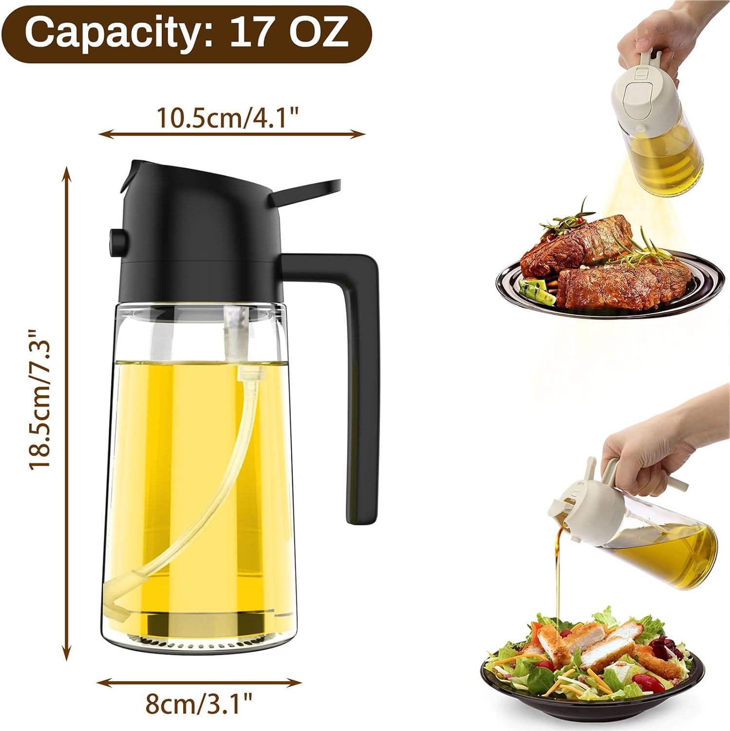 AXIM Olive Oil Dispenser Bottle,2 in 1 Oil Sprayer for Cooking,17Oz/500Ml Glass Oil Spray Bottle with Pourer for Kitchen, Salad, Barbecue (2 Pc,Black) image number 5