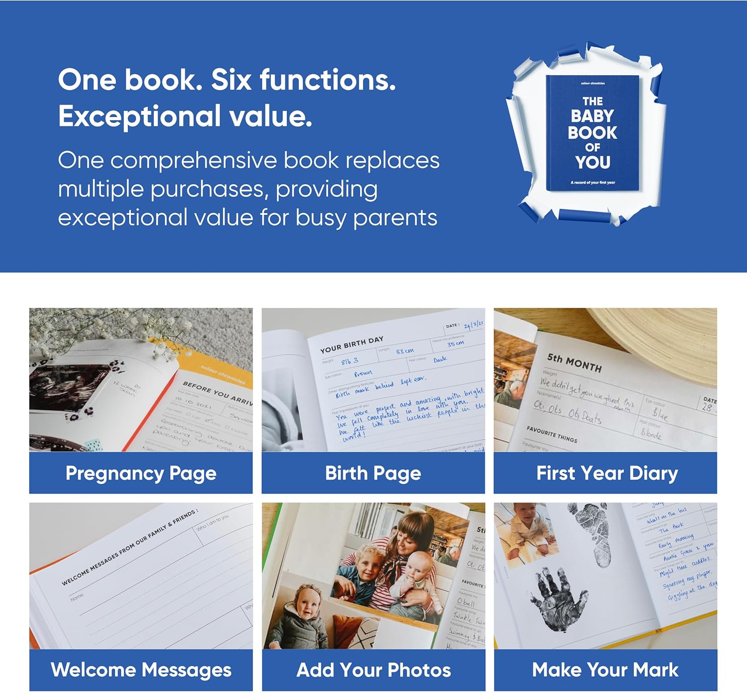 Baby Memory Book | Capture the Joy of the First Year in This Forever Keepsake | Unique Gift for Expecting Parents | 8" X 10&rdquo; Scrapbook | 96 Pages | Cloth Covered Hardback Baby Memory Journal &ndash; Blue image number 5