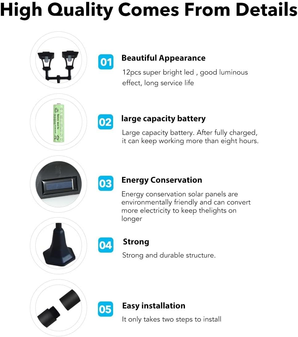 2 Pack 180Cm Solar Lamp Post Lights Outdoor with Double Lamp, Waterproof Solar Powered Street Lights for Garden, Pathway, Driveway, Front/Back Door, Warm White Light, Replaceable Bulb