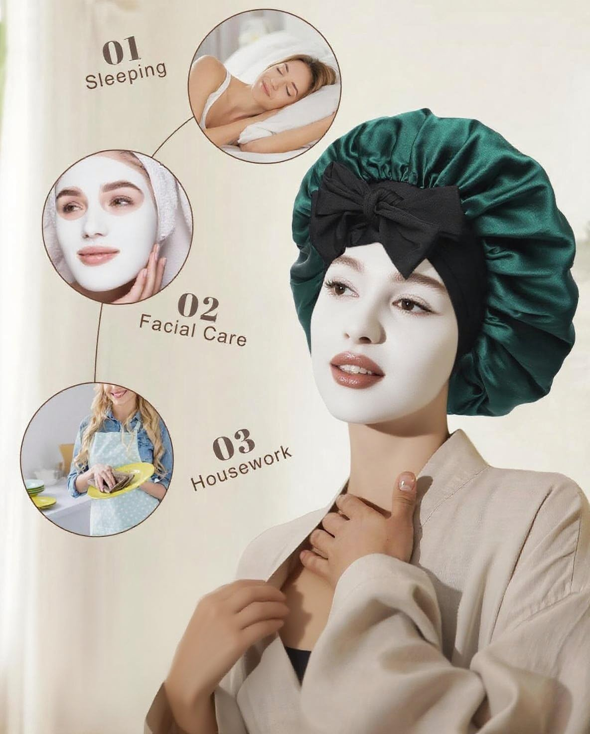 Anicika 100% Silk Bonnet for Sleeping, 22 Momme Pure Mulberry Silk Hair Bonnet Natural Silky Women Sleep Cap with Elastic Reversible Hair Wrap Green image number 1