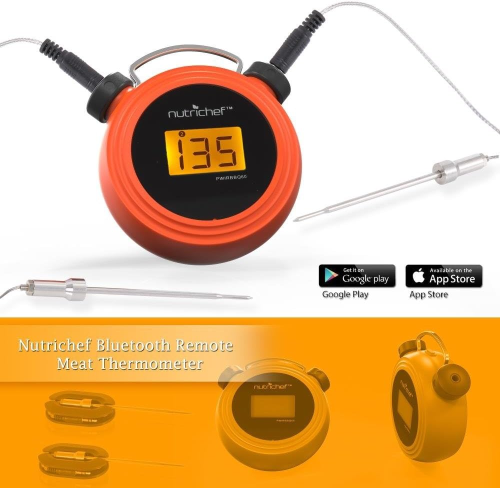 Nutrichef Smart Bluetooth BBQ Grill Thermometer - Digital Display, Stainless Dual Probes Safe to Leave in Outdoor Barbecue Meat Smoker - Wireless Remote Alert Ios Android Phone Wifi App - PWIRBBQ60 image number 1