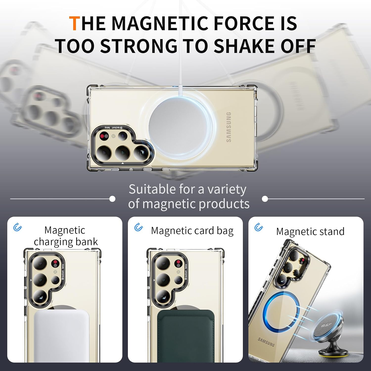 For Samsung S24 Ultra Case with Metal Camera Stand,Magnetic High-Transparency Full Protection Shockproof Case for Galaxy S24 Ultra（Black） image number 1