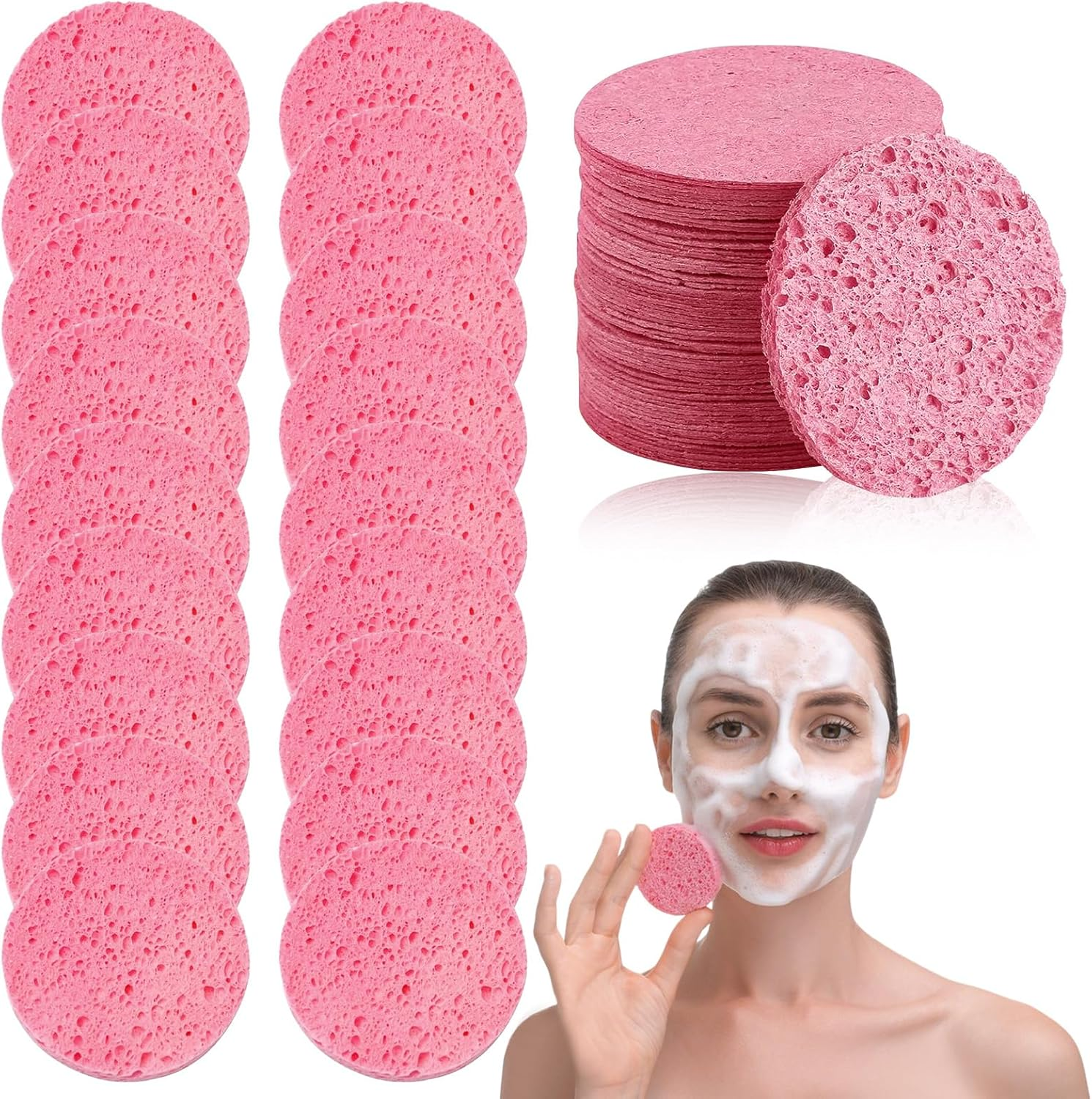 Pack of 60 Compressed Face Sponges, Reusable Makeup Remover Pads, Make-Up Sponge, Cellulose Face Sponges, for Removing Make-Up, Cleansing and Exfoliating the Face image number 1