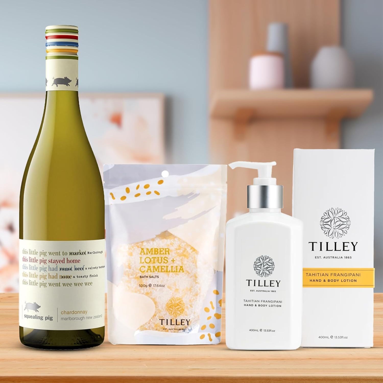 Luxury Wine & Pamper Gift Hamper, Quality Chardonnay & Tilley Bath Essentials, Perfect Birthday or Thank You Gift Set