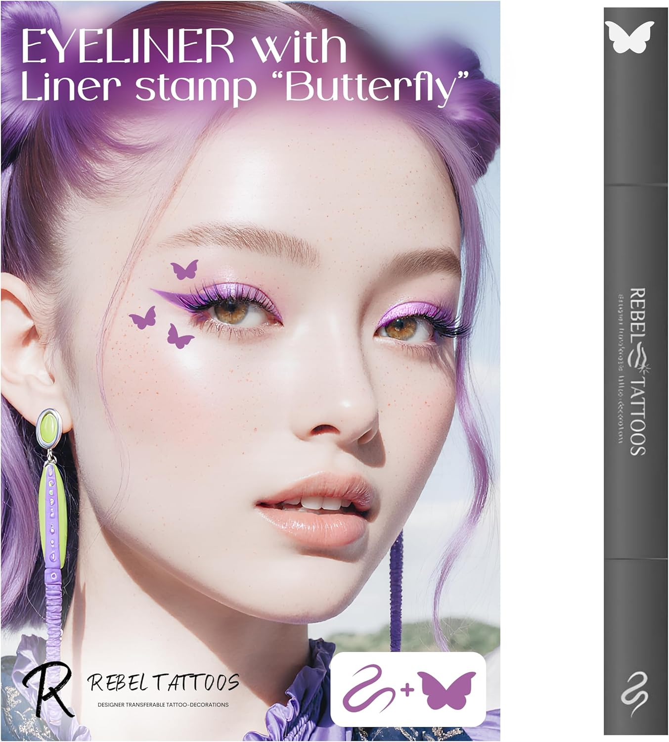 Rebel Tattoos 2-In-1 Eyeliner Stamp, Pigmented Intense Black Formula, Smudge-Budge Proof, Sweatproof, 24 Hour Stay Eyeliner Stamp (Purple Butterfy) image number 1