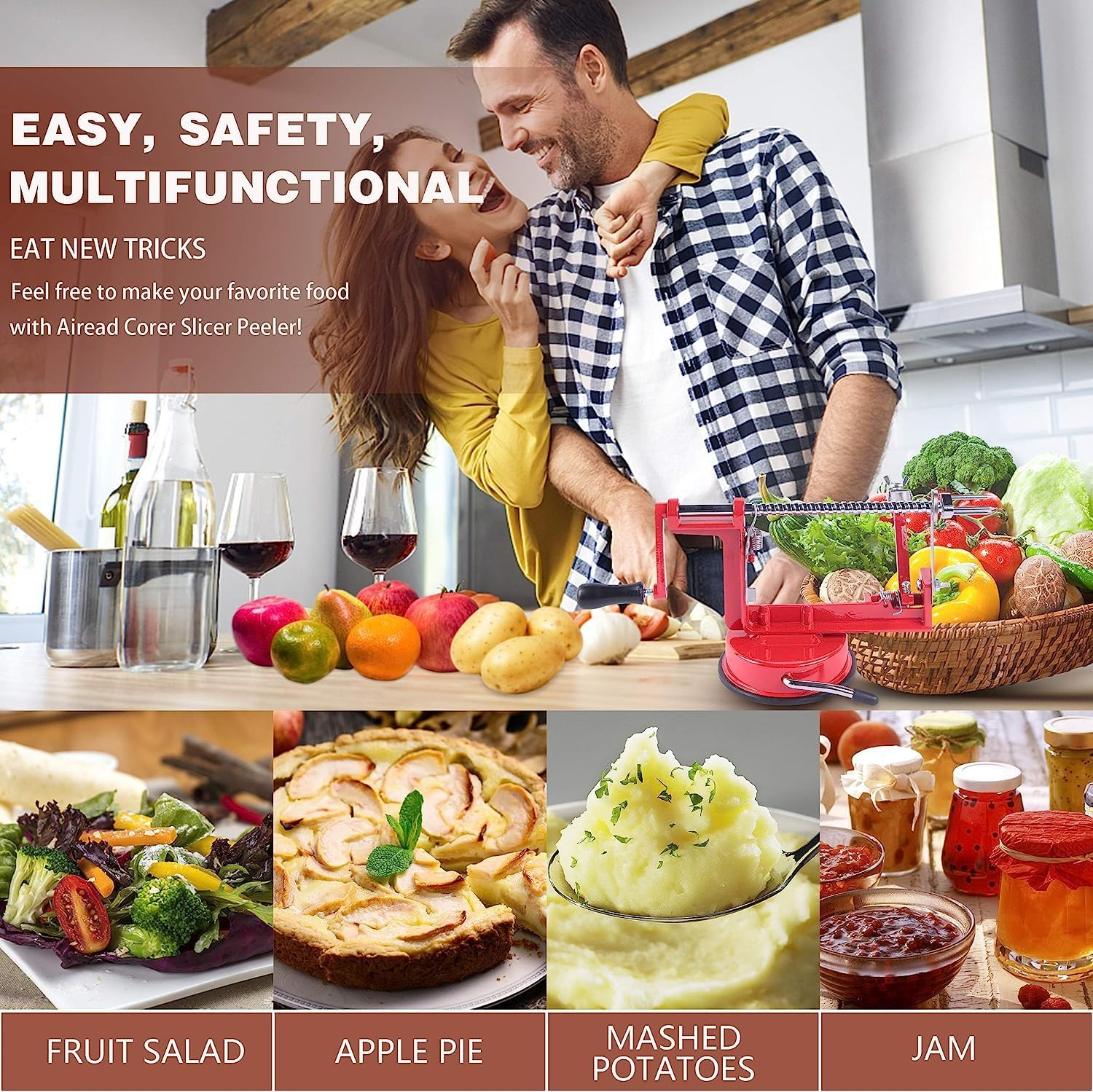 3 in 1 Apple Peeler Corer, Potato Pear Fruit Peeler Slicer Corer with Stainless Steel Blades and Powerful Suction Base, Kitchen Tool for Apple and Potato image number 2