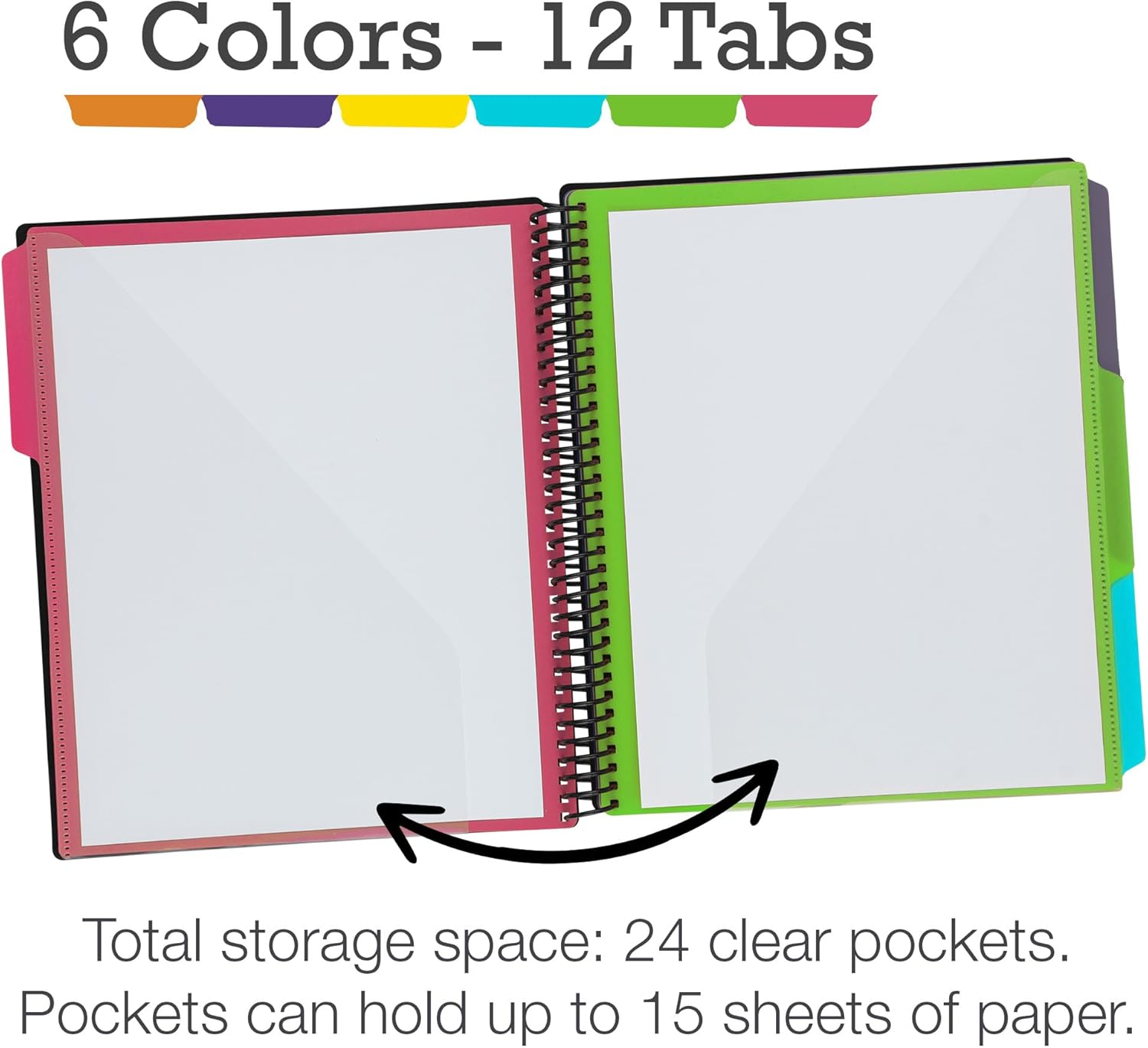 Samsill Deluxe 24 Pocket Spiral Project Organizer with Inner Zipper Pouch, Customizable Front Cover, 12 Dividers with Erasable Write-On Tabs in Fashion Colors, Plastic Folders with Pockets