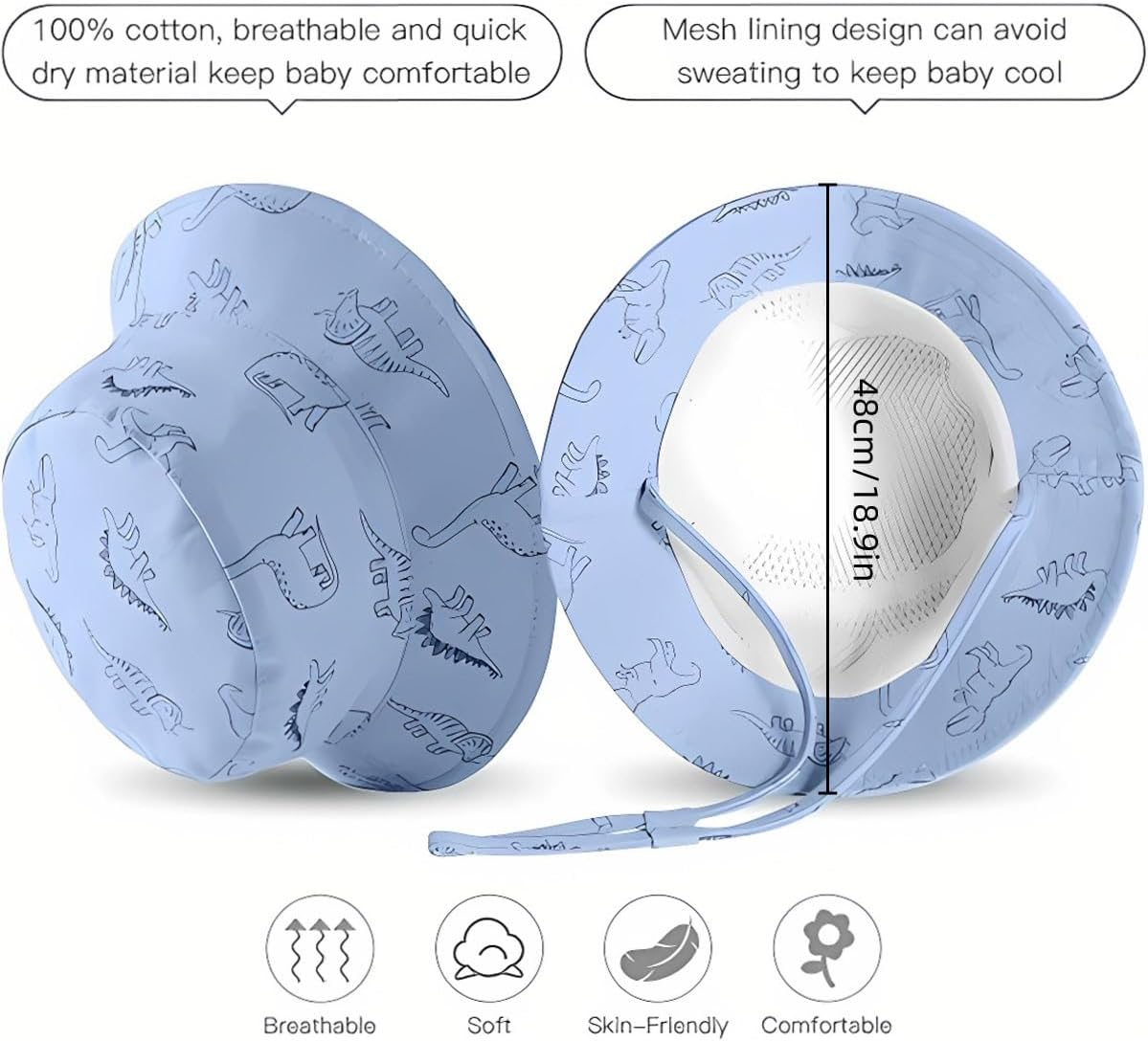 AIMALL Spring Summer Baby Sun Hat Cartoon Dinosaur Print, Wide Brim Sun Protection Fisherman Hat with Adjustable Chin Strap, Lightweight Breathable Cotton