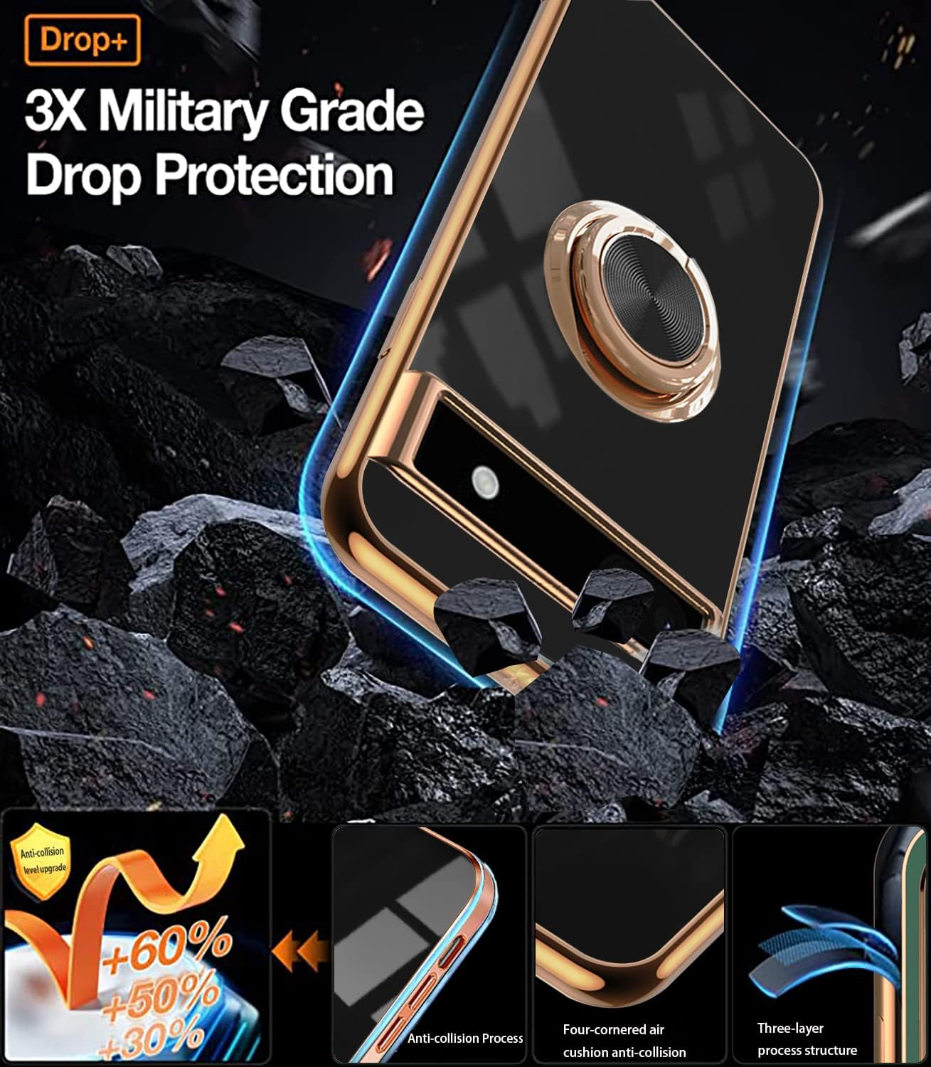 Compatible with Google Pixel 6A Silicone TPU Mobile Phone Case Google Pixel 6A Shockproof Ultra Thin Cover Protective Case with Magnetic Ring (Black)