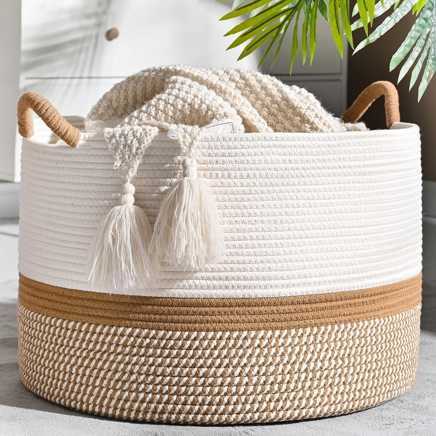 KAKAMAY Large Blanket Basket (20"X13"),Woven Baskets for Storage Baby Laundry Hamper, Cotton Rope Blanket Basket for Living Room, Laundry, Nursery, Pillows, Baby Toy Chest (White/Brown) - Black image number 7