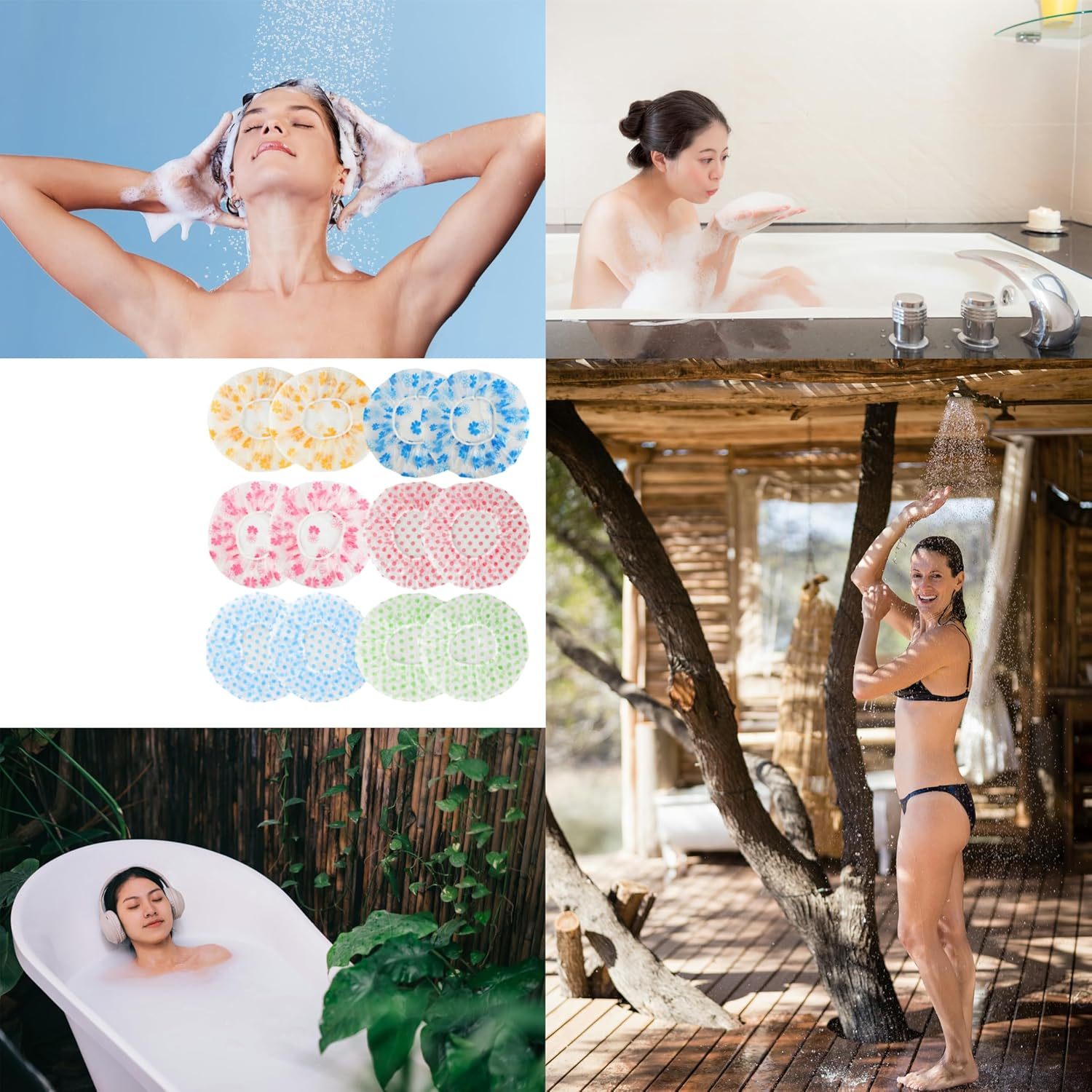 12 Pack Shower Caps Premium Waterproof Bath Caps for Women & Men, Waterproof Elastic Shower Cap Hair Protection for Bathing (12Pcs Multicolor) image number 1