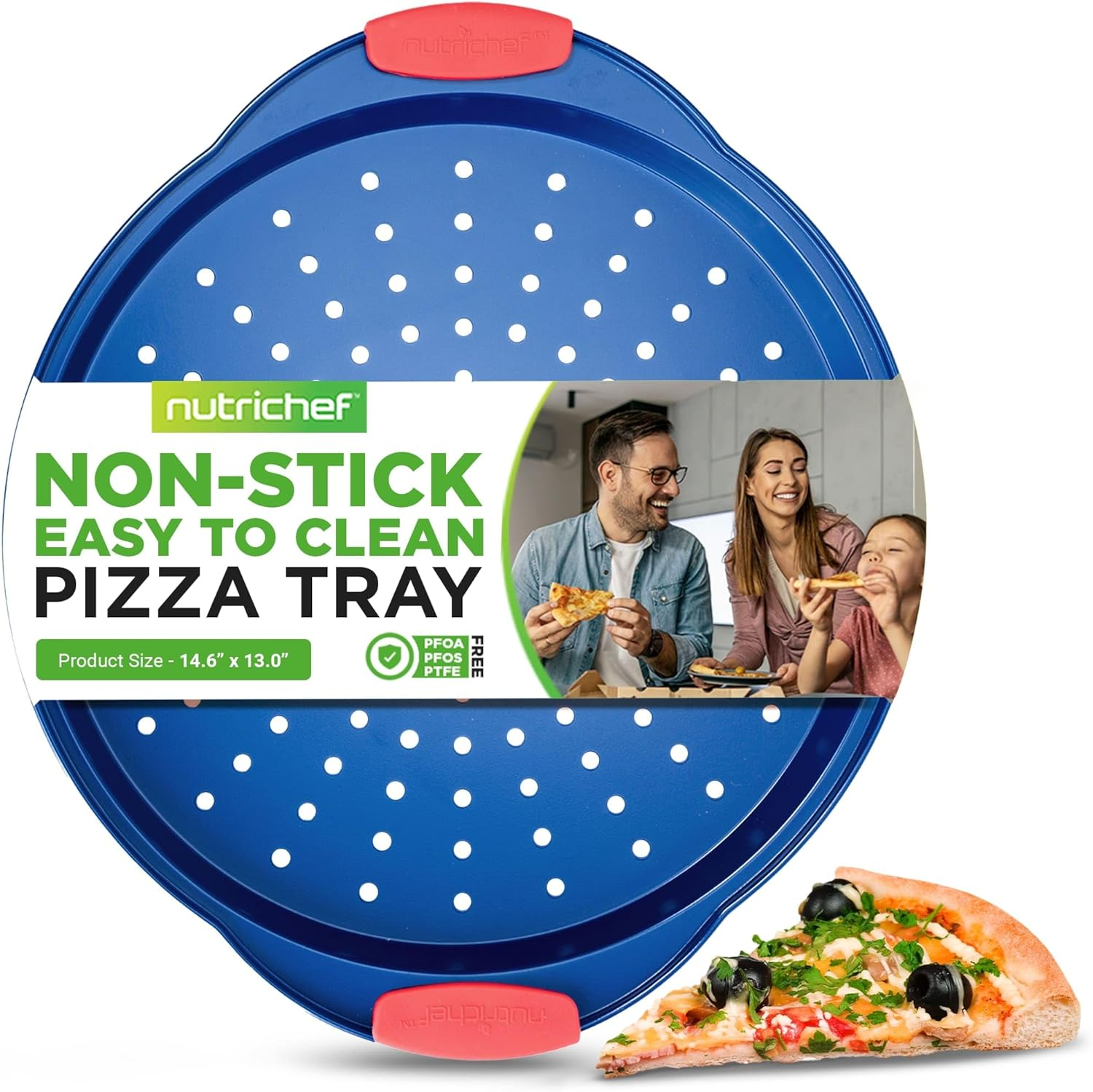Nutrichef 13-Inch Nonstick Pizza Tray - round Carbon Steel Non-Stick Pizza Baking Pan with Perforated Holes, Premium Bakeware Pizza Screen with Silicone Grip Handles, Dishwasher Safe - Blue
