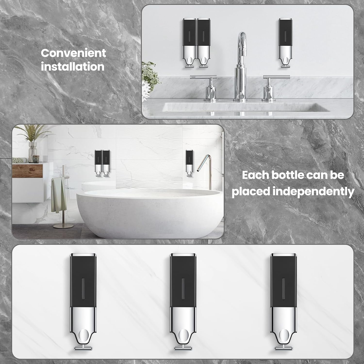 EHORIA 3-In-1 Quadrate Dispensers for the Shower, Shower Soap, Conditioner, Shampoo, No Drilled Wall Mounted, Black - Black Set Of 2 image number 3