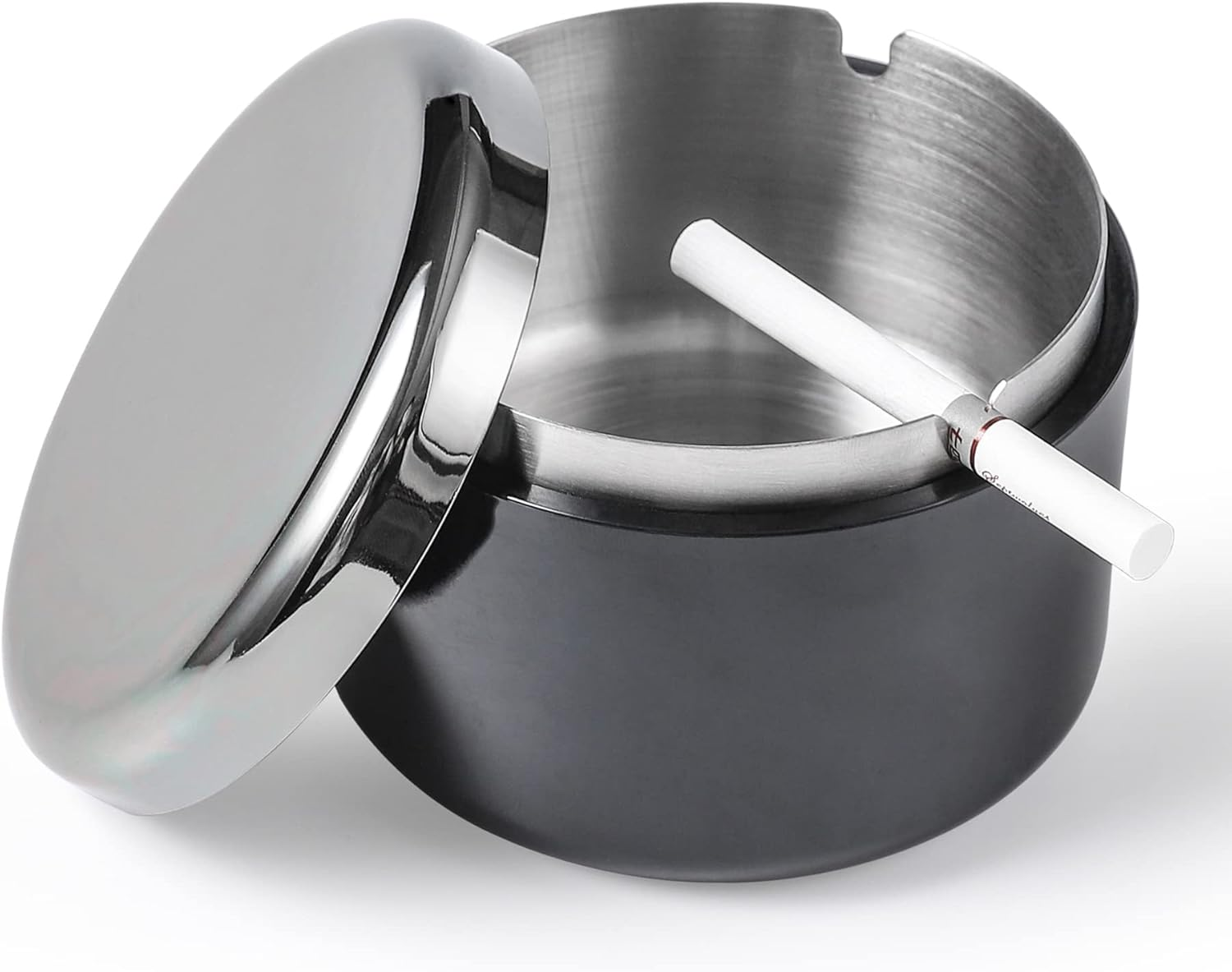 Smokeless Ashtray with Lid for Smokers Stainless Steel Liner Ash Tray Windproof Durable Easy to Clean Cool Ashtrays for Indoor or Outdoor Use, Patio, Office & Home(Black)