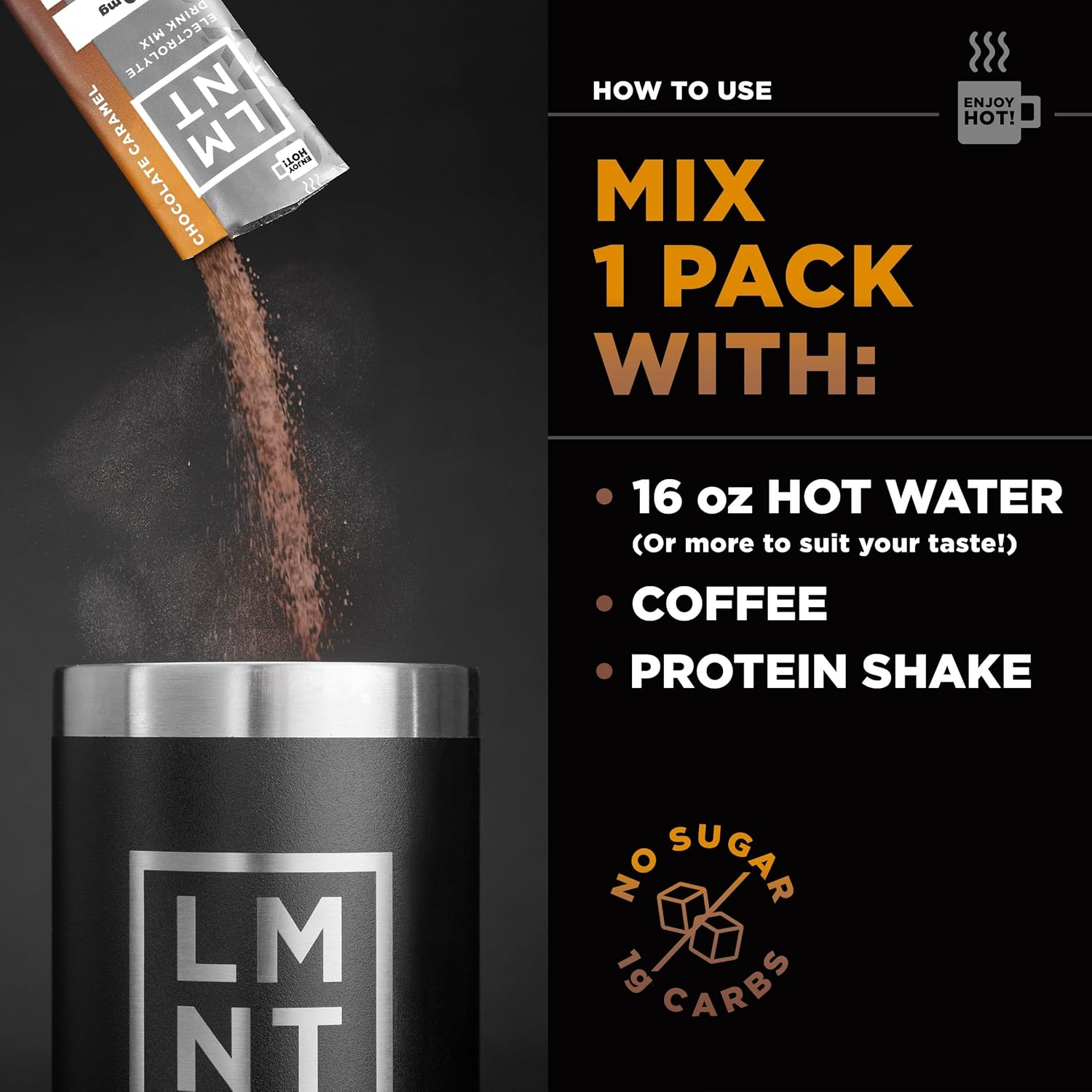 LMNT Chocolate Electrolyte Caramel Salt Sugar Free Sugar or Artificial Ingredients Suitable for Keto and Paleo 30 Sticks - Hot Chocolate and Coffee Mixer image number 2