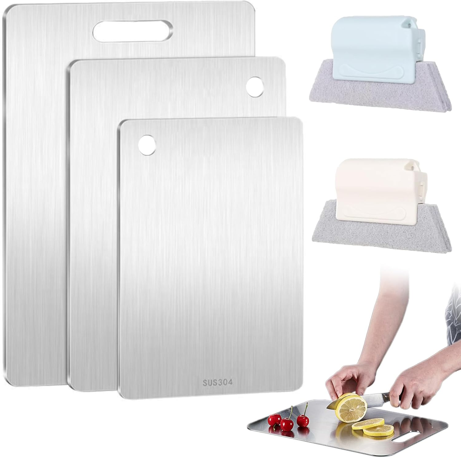 3 Pcs Titanium Cutting Board,Stainless Steel Kitchen Food Grade Meat Cutting Board with 2 Magic Cleaning Brushes,Double-Sided Cutting Edge Chopping Board for Kitchen Cooking﻿