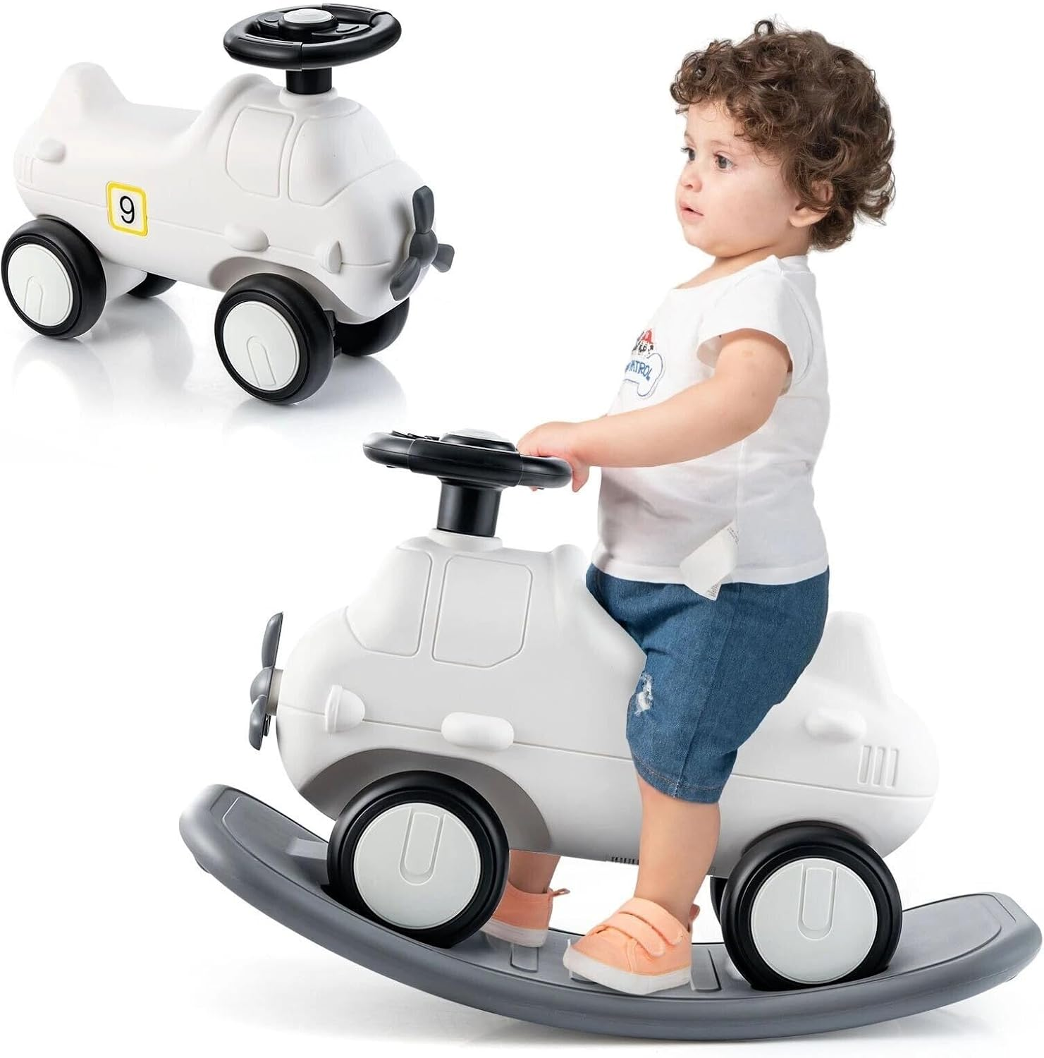 Techshining 3-In-1 Rocking Horse & Ride-On Car with Balance Board, Toddler Rocker with Wheels, 60&deg; Steering, Backrest & Anti-Roll Design for Kids image number 1