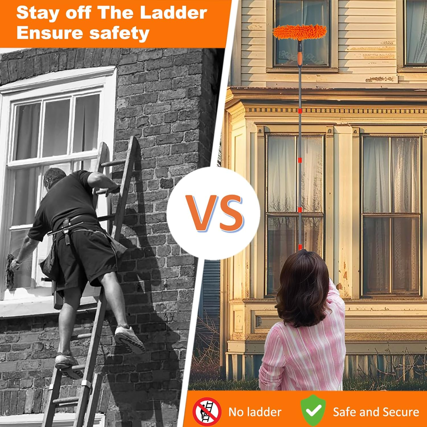 20+ Feet Reach 2 in 1 Window Washing Squeegee & Duster with 3-14 Ft Spliceable Extension Pole // Window Cleaning Tool & Window Washer Squeegee for Home Indoor Outdoor Window Washing