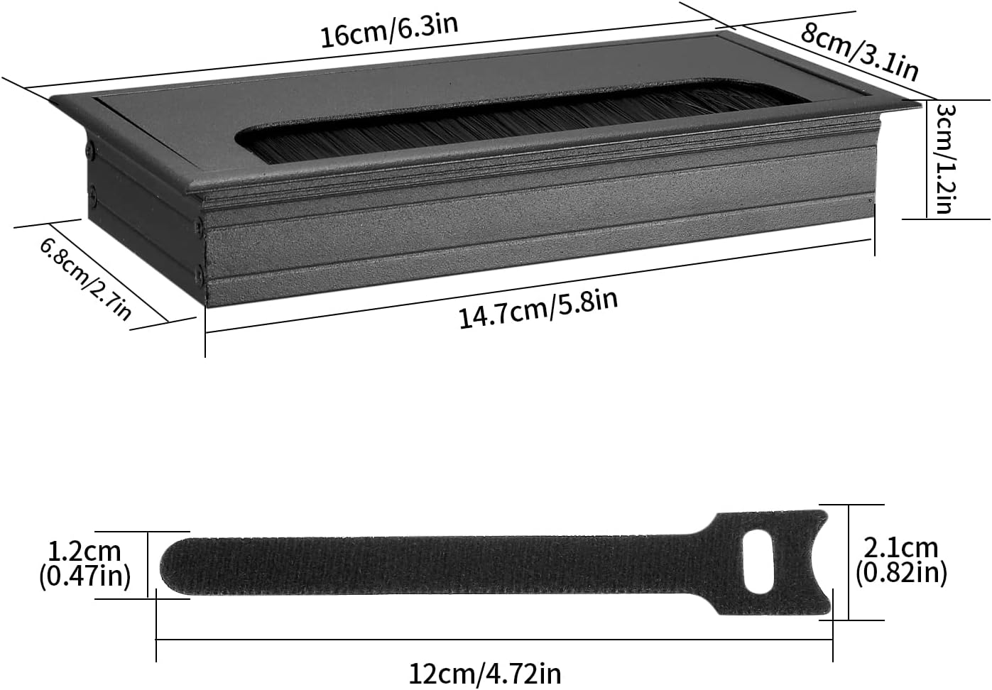 2 X Cable Grommets 160 X 80 Mm Cable Duct Desk with Brush Seal Aluminium Black with 10 Cable Ties image number 3