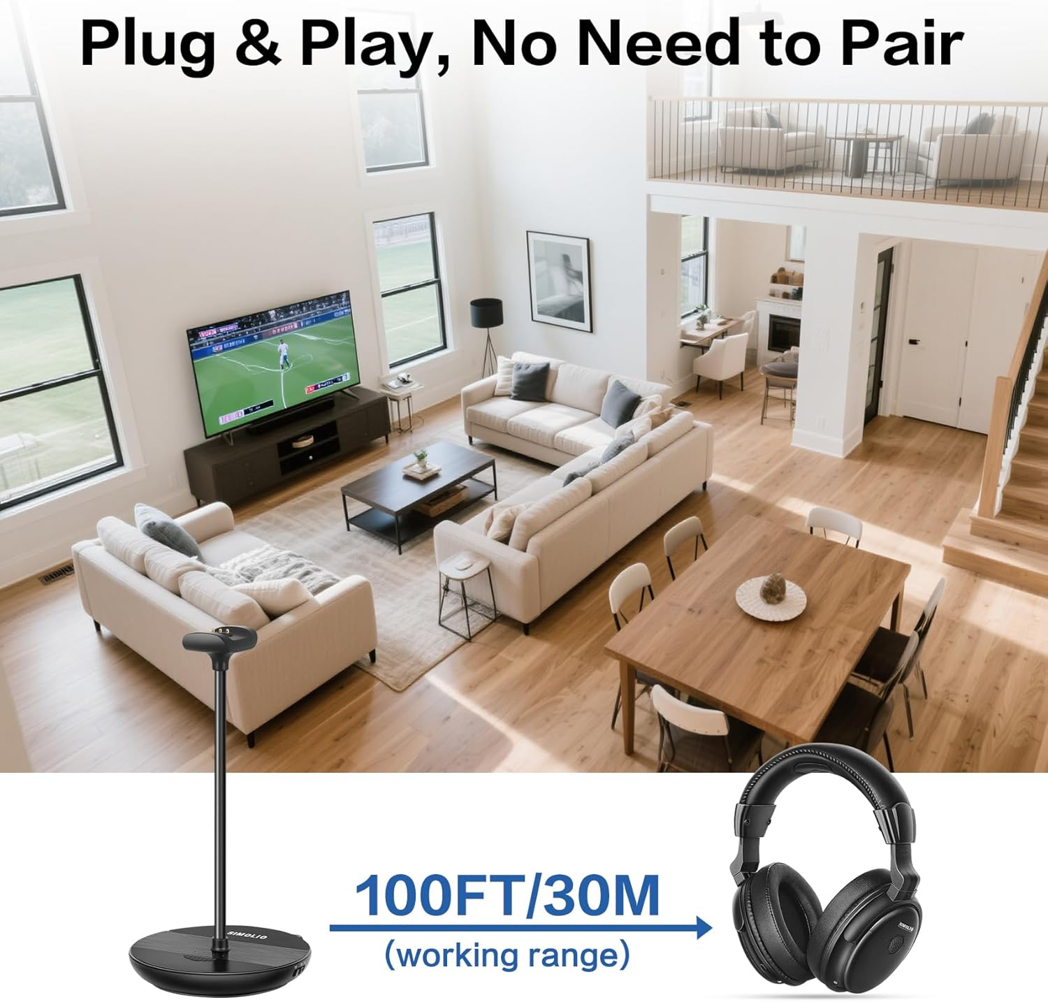 SIMOLIO TV Headphones Wireless with Transmitter/Charging Stand 2-In-1, 2.4G Wireless Earphones for TV Listening W/Clear Dialog & Spare Battery & Balance Control, 100Ft Long Range image number 2