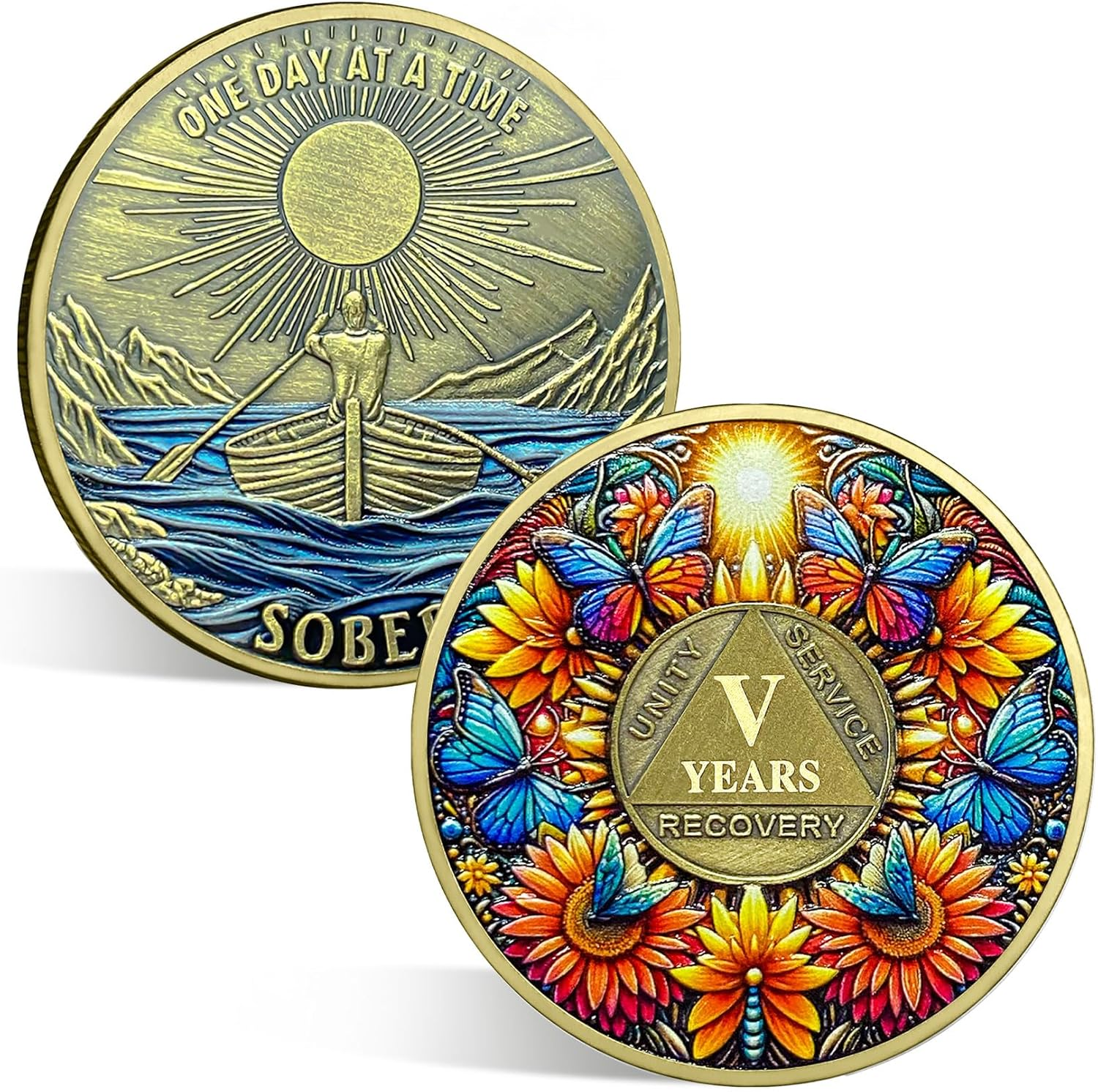 ACGZQY Sobriety Coin, 5 Year Sunflower Butterfly Sobriety Chip AA Coin and Medallions One Day at a Time Sober Token Narcotics Alcoholics Anonymous Recovery Gifts image number 6