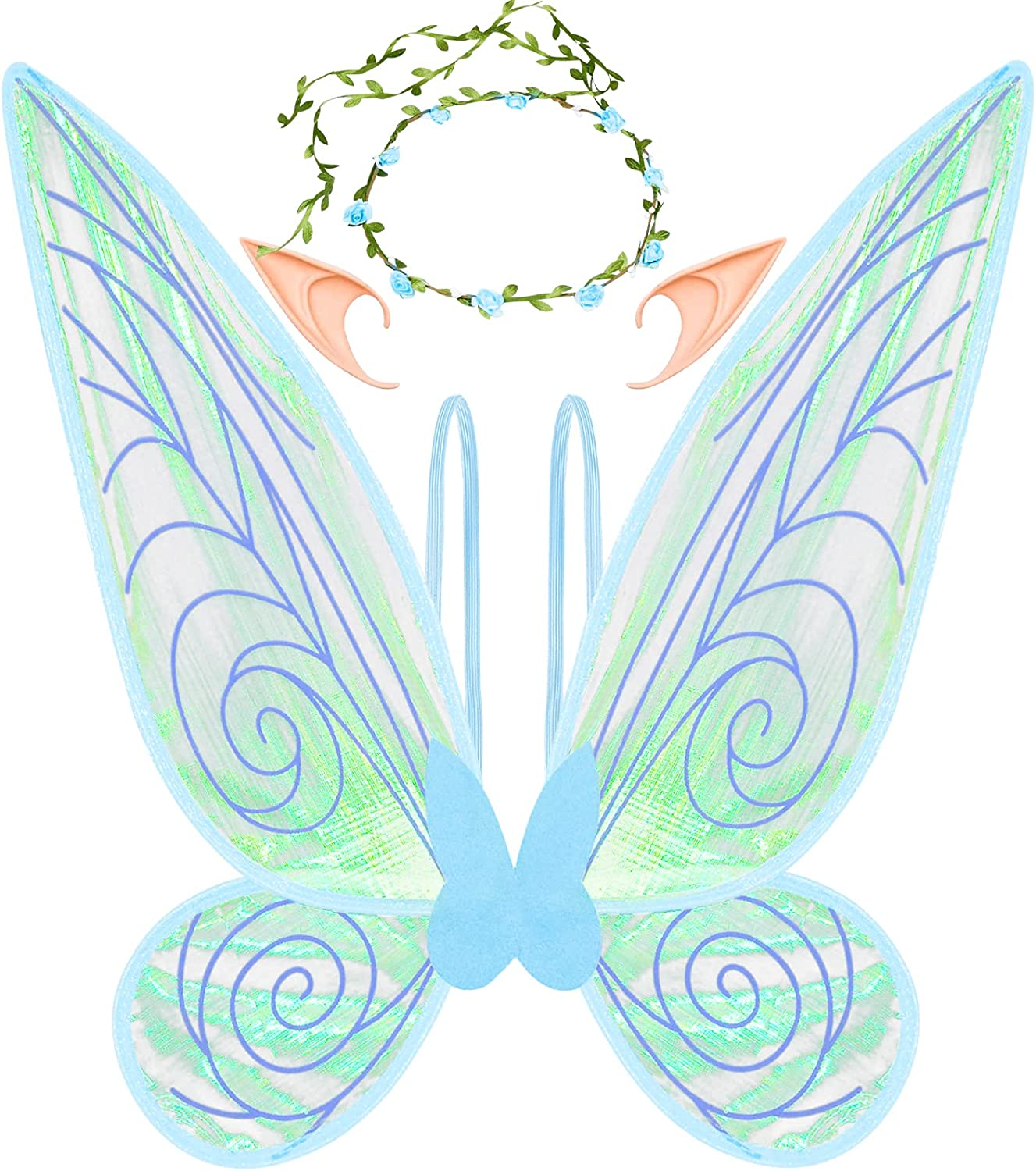 U-Goforst Fairy Wings Costume Set Sparkle Butterfly Fairy Angel Wings Party Favors Halloween Dress up Cosplay for Women Girls (Green), Universal