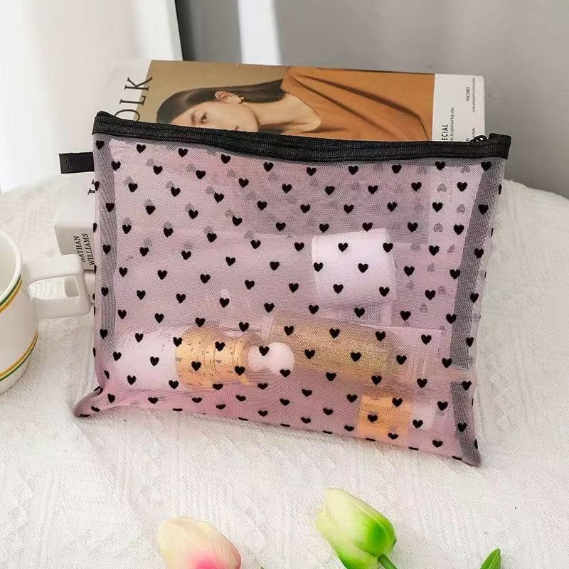Clear Heart Pattern Makeup Bag Set, Travel Toiletry Storage Pouches with Zipper, Transparent Mesh Cosmetic Organiser (Pink) image number 2