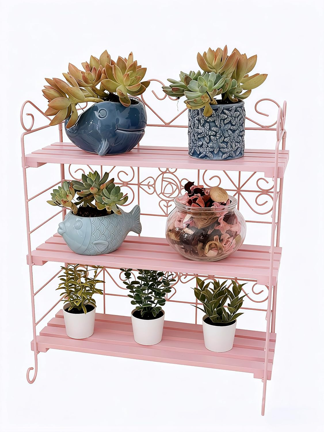 Celsaovo Decorative Plant Shelves & Countertop Storage Rack &ndash; White Metal & Wood, Space-Saving Freestanding Rack, Easy Tool-Free Setup for Kitchen, Plants & Spices