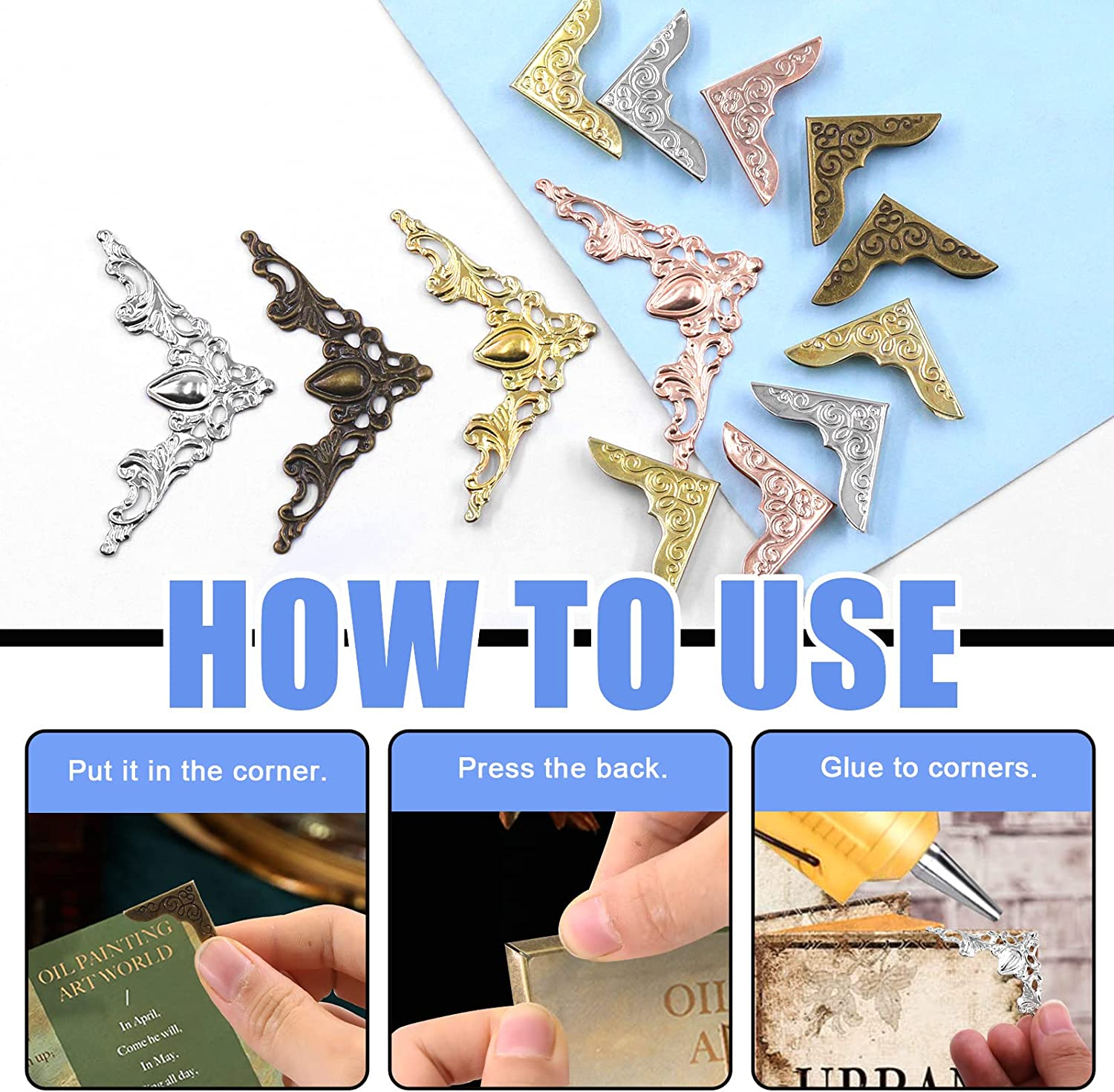 Glarks 160Pcs 4 Colors Metal Book Corners Protector 2 Styles Guard Edge Cover Book Scrapbooking Corner Protector Menus Album Notebook Folder File Corner Decorative Frame Angle Protector Covers image number 3