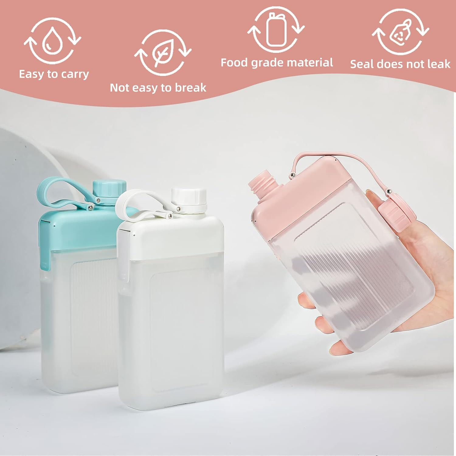 Amyhill 3 Pcs Flat Water Bottle 15Oz A5 Travel Bottles Leak Proof Slim Square Memo Flask Plastic Portable Travel Mug for Outdoor Sports Fitness Camping Hiking Cycling(White, Pink, Green) image number 3