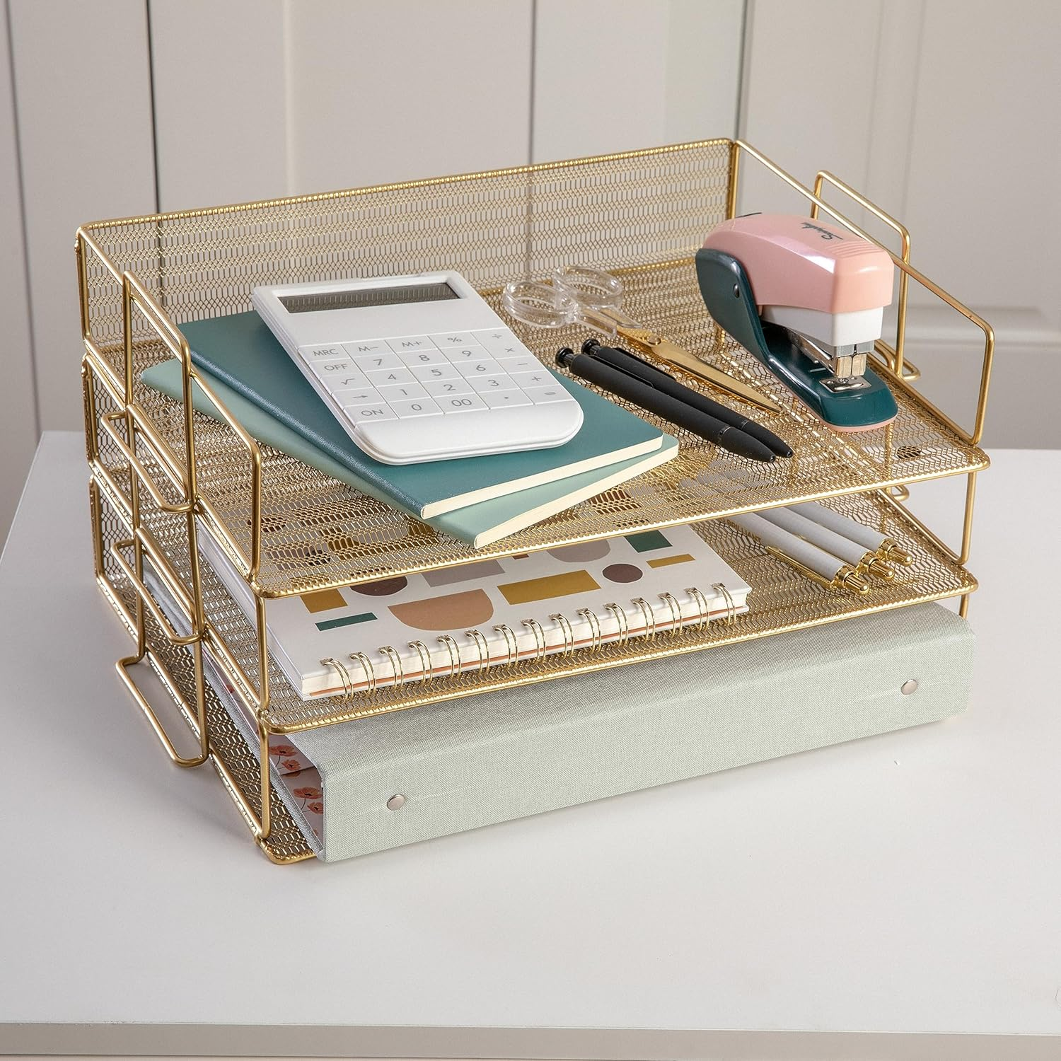 Martha Stewart Ryder 3 Tier Desk Letter Tray Organizer, Stackable Steel Mesh Inbox Tray for Files, Papers, or Letters, Gold image number 2