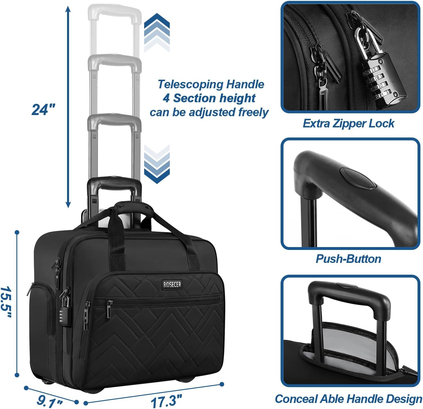 Rolling Laptop Bag, 17.3 Inch Premium Laptop Briefcases with Wheels for Men & Women, Waterproof Rolling Computer Bag Work Bag Laptop Case for Travel Work Office School Business image number 5