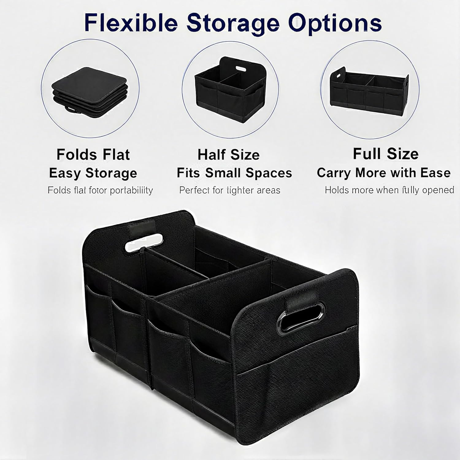 Car Boot Organiser Non-Slip - Large Collapsible Trunk Storage Box for SUV & Groceries - Heavy Duty Oxford Fabric Cargo Tidy with Dividers (Black) - Black image number 5