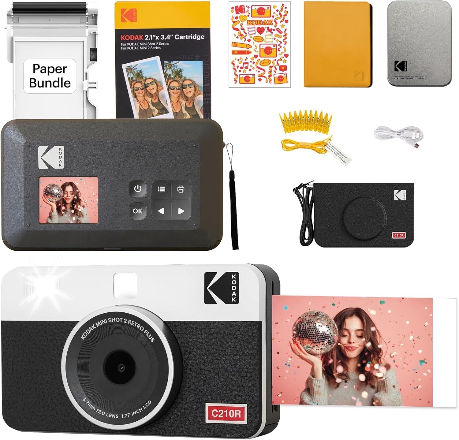 Kodak Mini Shot 2 Retro Instant Camera with Cartridge plus Accessories Bundle, Yellow