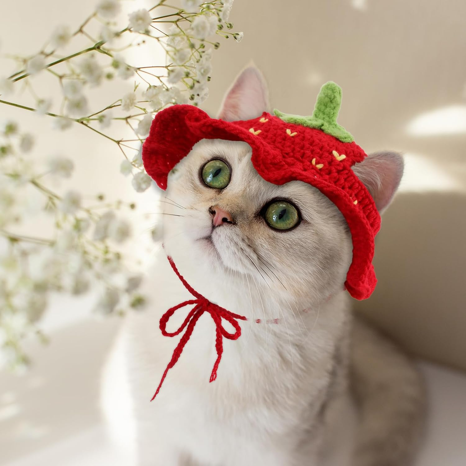 Piriuuo Strawberry Cat Hat, Cute Knitted Hat for Cat Cotton Hats for Cats Soft Small Dog Hat for Birthday Party Christmas Puppy Hat for Small Pets (Red, M) image number 3