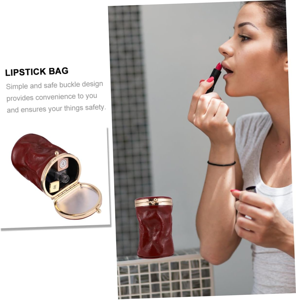 HAKIDZEL 1Pc Mini Retro Leather Makeup Bag with Mirror Portable Fashion Cosmetic Organizer for Daily Use Fits Pockets and Purses Cute Design for Easy Carrying image number 6