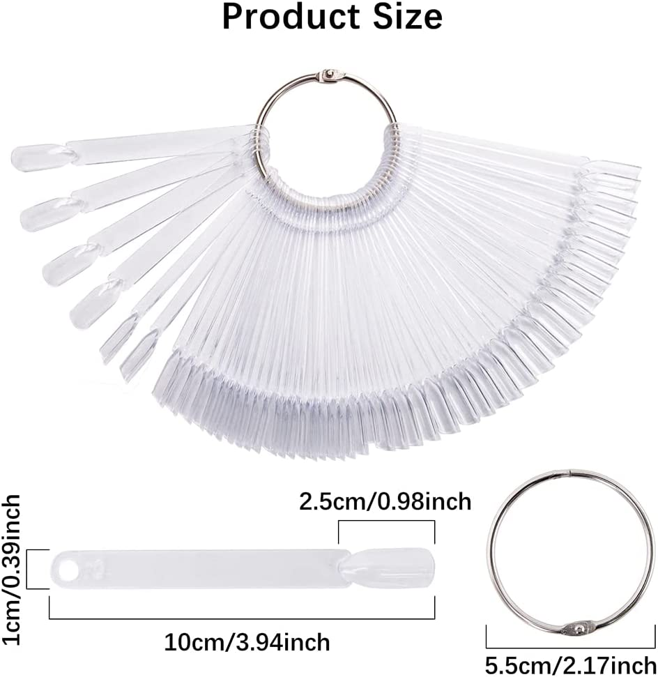 300 Pieces Transparent Nail Pattern Pop Sticks, Fan-Shaped Nail Colour Display Art Tips with 6 Metal Rings, Artificial Practice Nail Board for Nail Studio and Beginner Nail Gel Nail Polish Practice