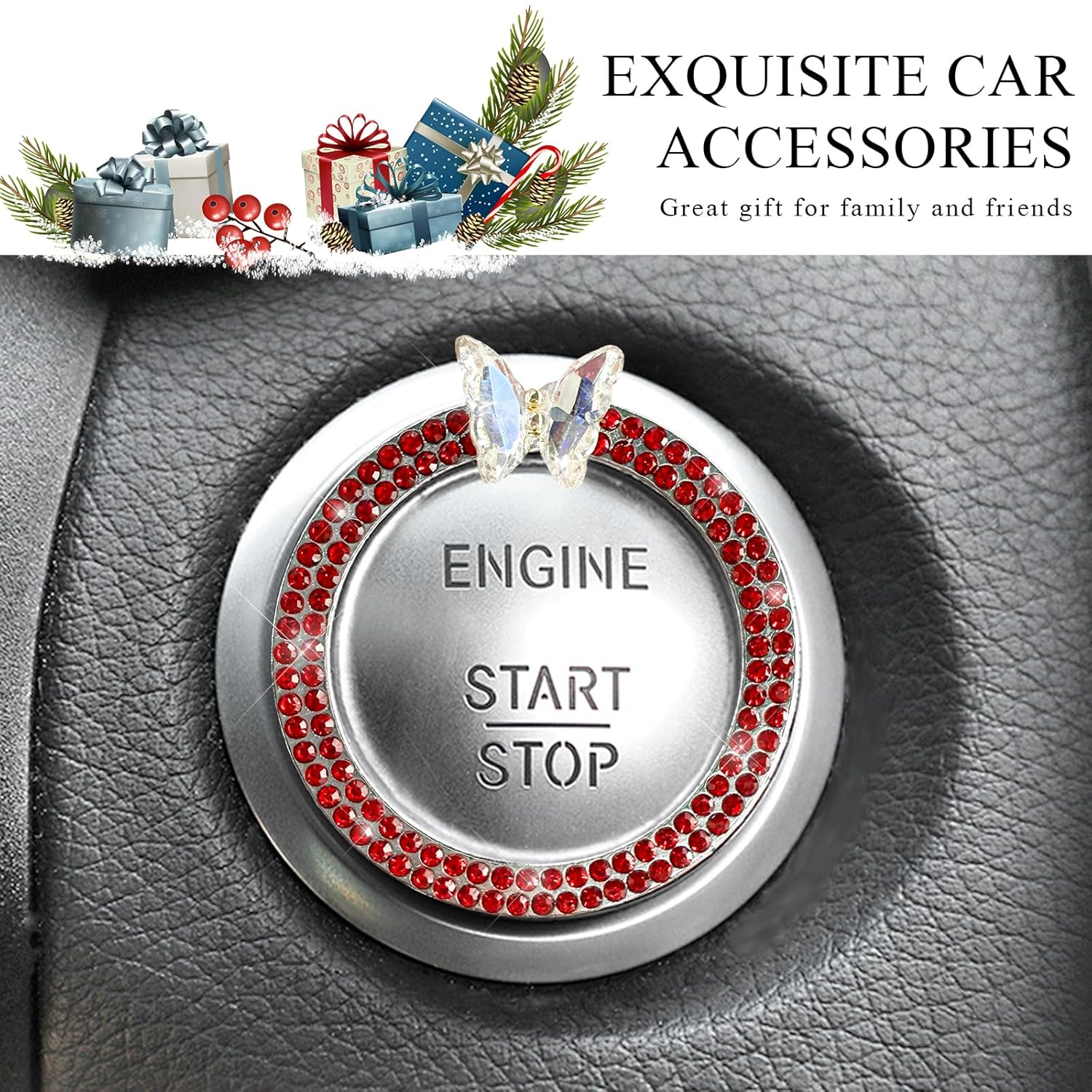 Bling Ring Emblem Car Accessories, Sparkling Butterfly Car Buttons and Knobs Ring, Girly Butterfly Diamond Car Engine Start Button Cover, Key Ignition Knob Ring Decoration for Women (Red)
