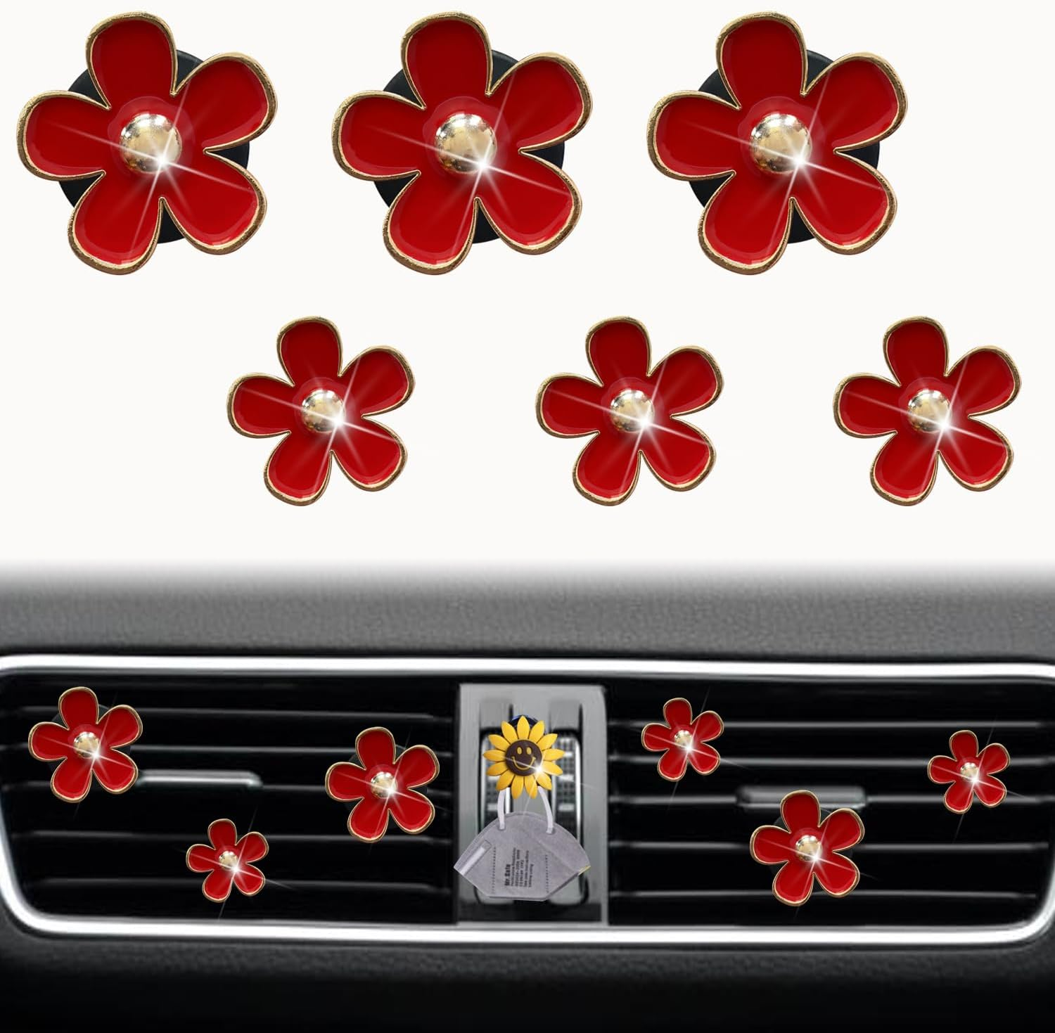 Daisy Air Vent Clips - 6 Pcs Cute Flower Outlet Clip Car Air Fresheners with Mask Hook (Red)
