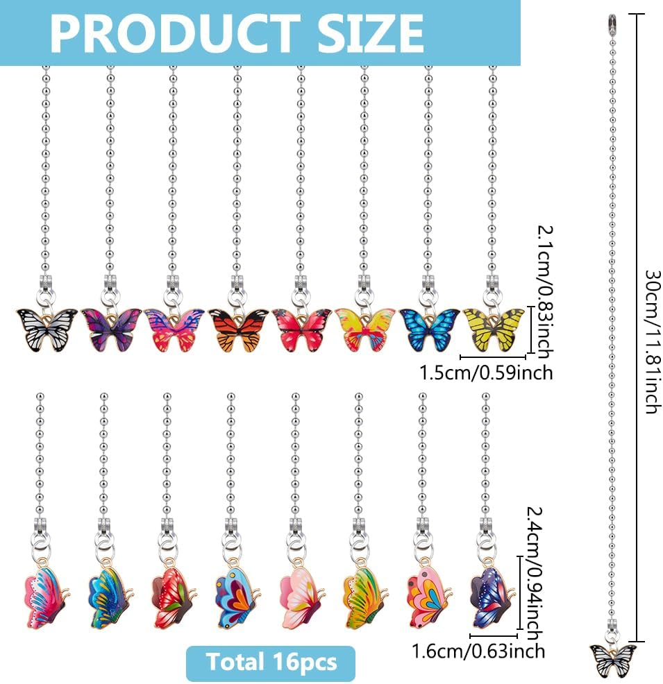 WEBEEDY Pack of 16 Butterfly Ceiling Fan Pull Chain Enamel Butterfly Pendant Pull Chains Extensions Decorations Ball Bead Chain with Connector for Decor Replacement