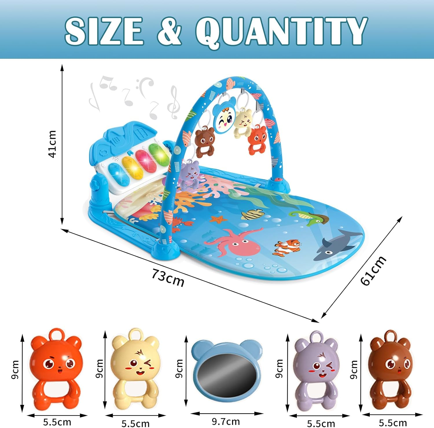 Baby Gyms Play Mats, Funny Play Piano Tummy Time Baby Activity Mat with 5 Infant Sensory Baby Toys Baby Play Piano Gym Mat with Music and Light for Babies Newborns and Toddlers (Blue) image number 2