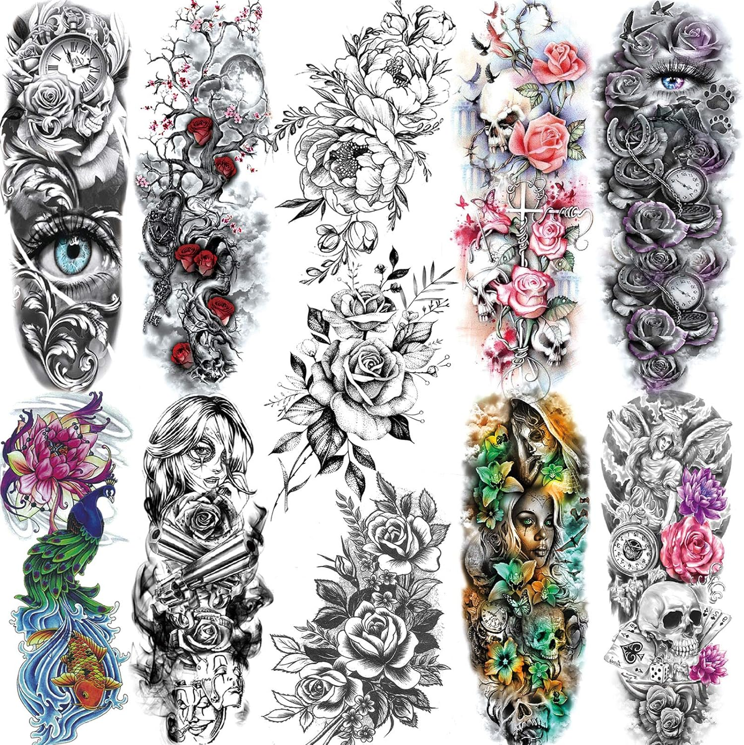 11 Sheets NEZAR Large Vine Peony Flower Rose Full Arm Temporary Tattoos for Women Realistic Skull Skeleton Fake Temporary Tattoo Sleeves Stickers Waterproof Leg Makeup Floral Blossom Tatoos Paper Eye image number 1