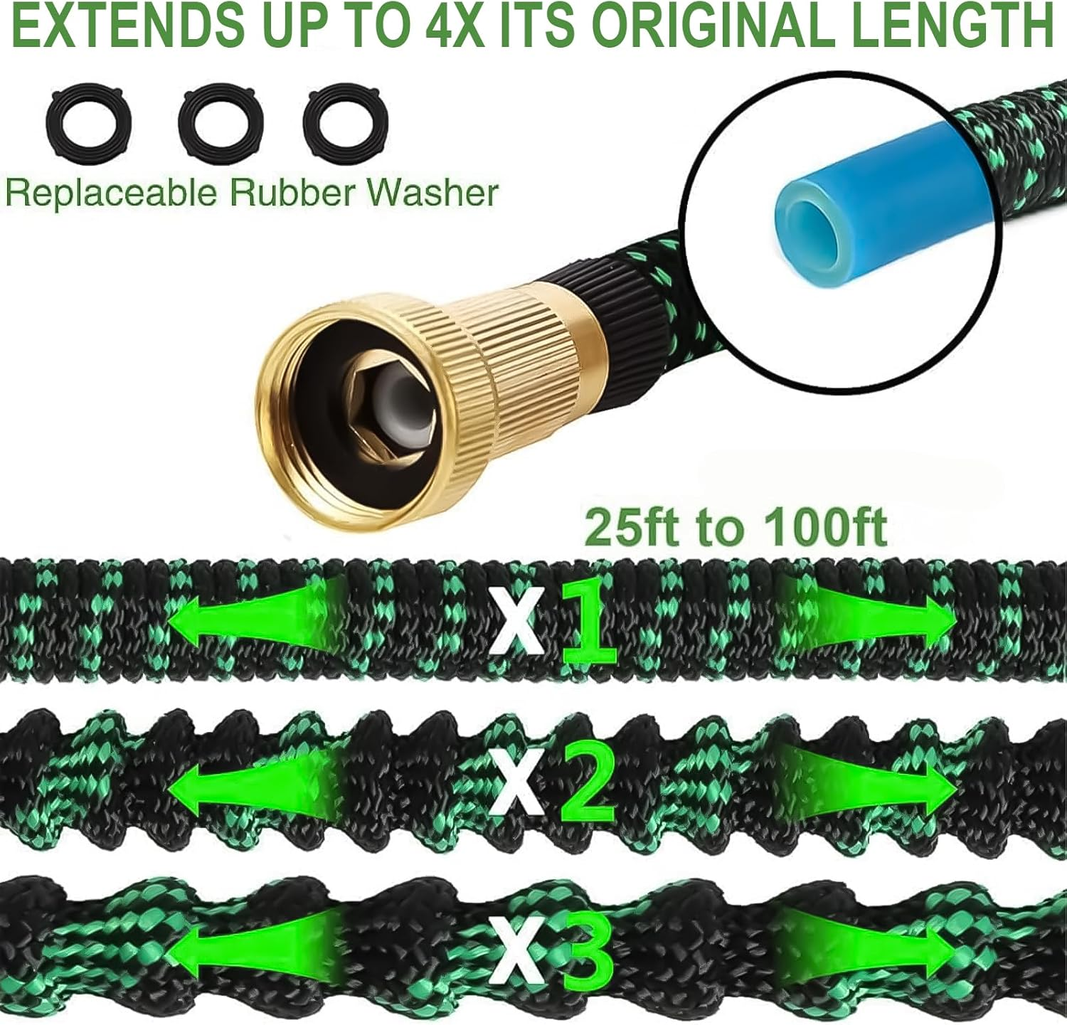 100Ft Expandable Garden Hose, with 8-Pattern Nozzle, 1/2' & 3/4' Convertible Connectors, Retractable Water Hose High Pressure with Dispenser Bottle for Car Wash & Lawn Watering image number 1