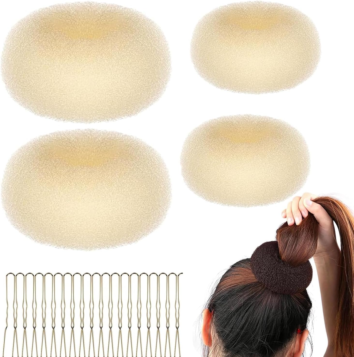 4 Pieces Hair Donut Bun Maker Set, Hair Donut Bun Ring with 20 Golden Hairpins, Chignon Bun Maker Hair Ring Style Accessories for Dancers, Donut Bun Hair Accessories (Beige) image number 5