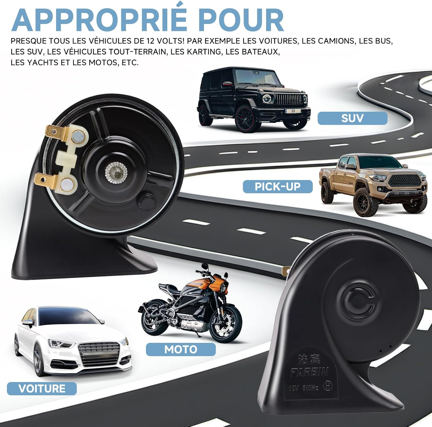 FARBIN Car Horn 12V Loud Waterproof Double Horn Super Loud Train Horns Car Electric Snail Horn Air Horns Truck Horn Replacement Kit Universal for Car Motorcycle Truck Boat (Black, Boutique Snail Horn) image number 3