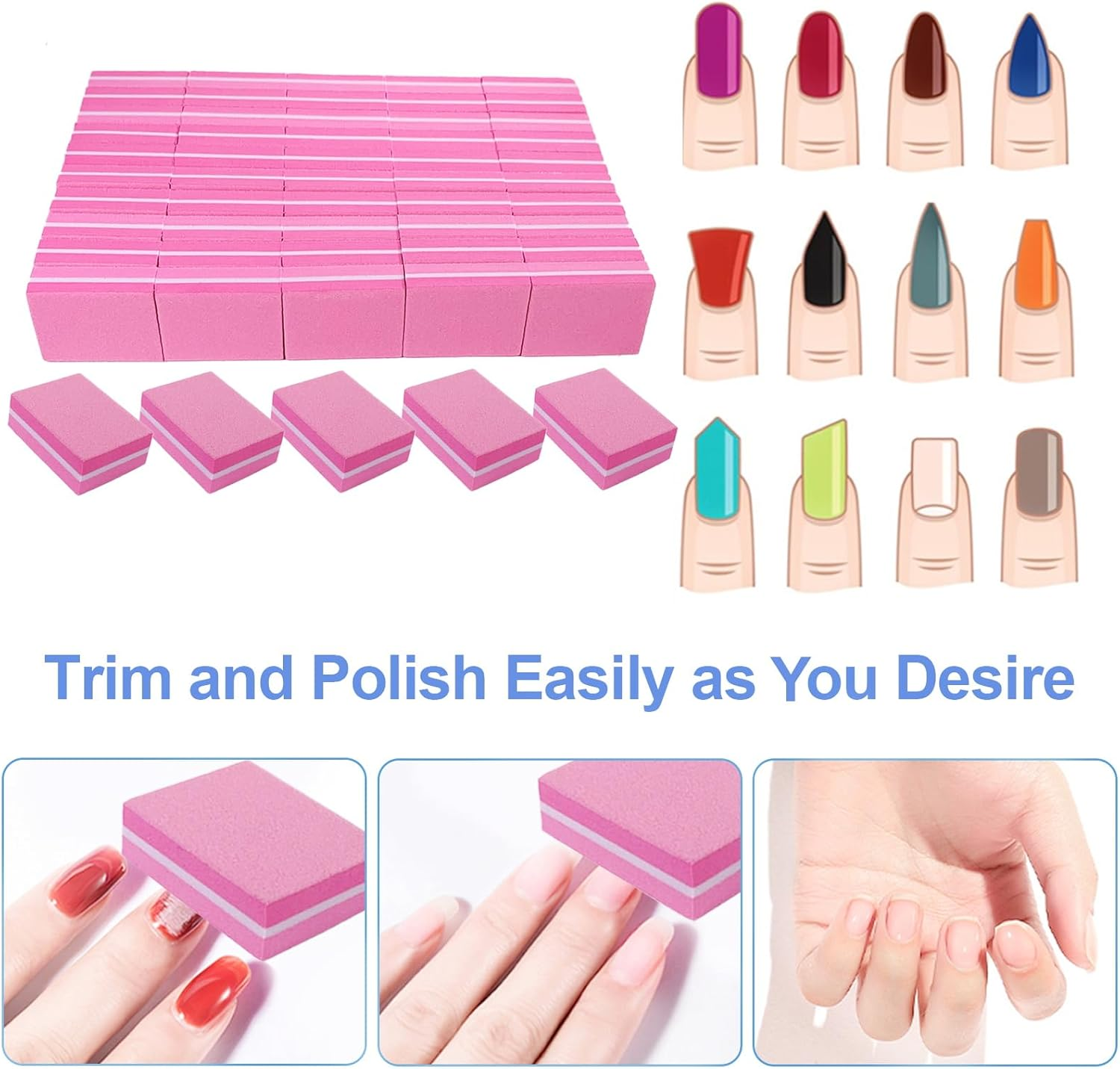180/240 Grit Nail Buffers (50 Pack), Mini Buffer Block Nail File for Acrylic Nails and Natural Nails, Professional Nail Buffer Block Bulk Buffing Blocks for Nail Buff Manicure File Blocks Set Pink image number 2