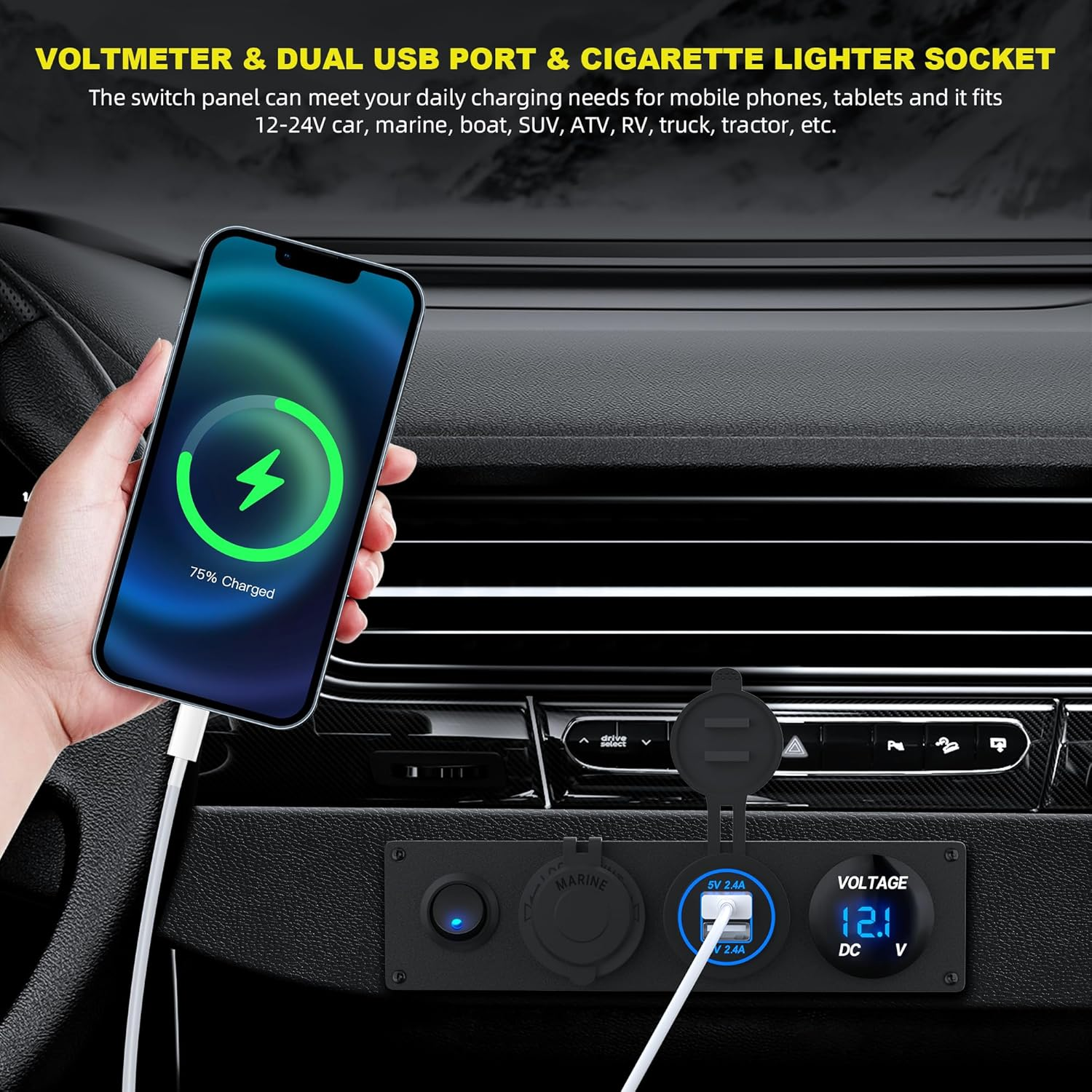 4 in 1 Charger Outlet Socket Panel 12V DC 4.8A Dual USB Power Outlet & 12 Volt Cigarette Lighter Socket & LED Voltmeter & Lighted On/Off Rocker Toggle Switch for Marine Boat Truck RV Car image number 5