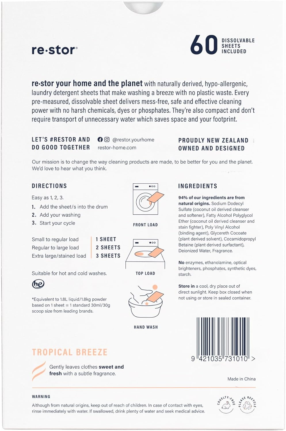 Restor Laundry Detergent Sheets Tropical Breeze 60 Loads | Eco Friendly Plastic Free Travel Laundry Washer Sheets | Superior Stain Fighting Washing Detergent Sheets Number One in Australia image number 5