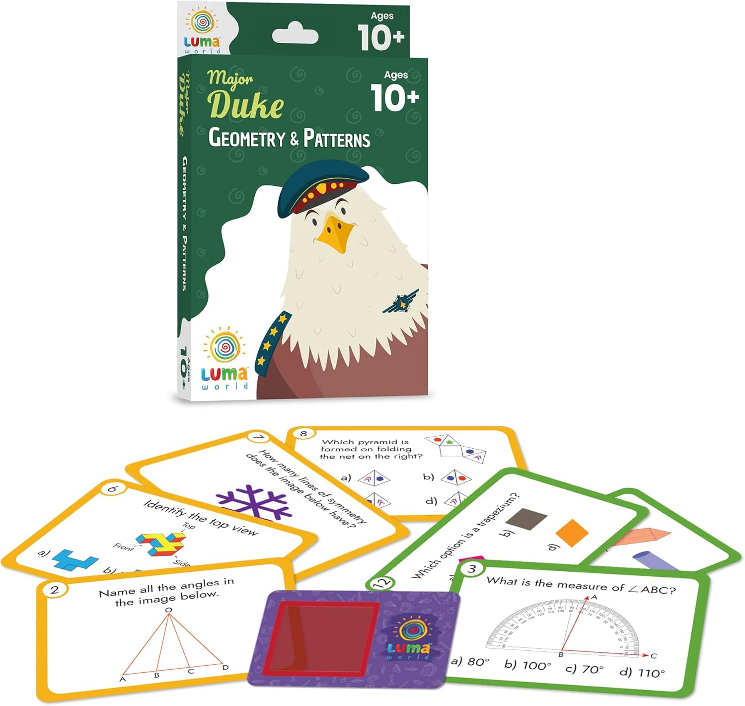 Luma World Major Duke Educational Game-Based Math Flash Cards with a Fun Magic Glass to View Hidden Answers for Ages 10+ Years to Learn Grade 5 Geometry, Shapes and Patterns, Set of 50 Cards image number 1